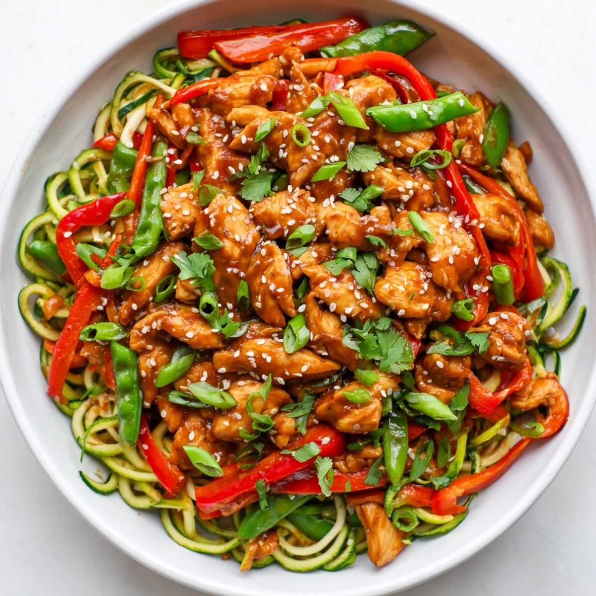Garlic Chicken Zucchini Noodles Stir Fry being tossed in a hot wok with zucchini noodles and snap peas.