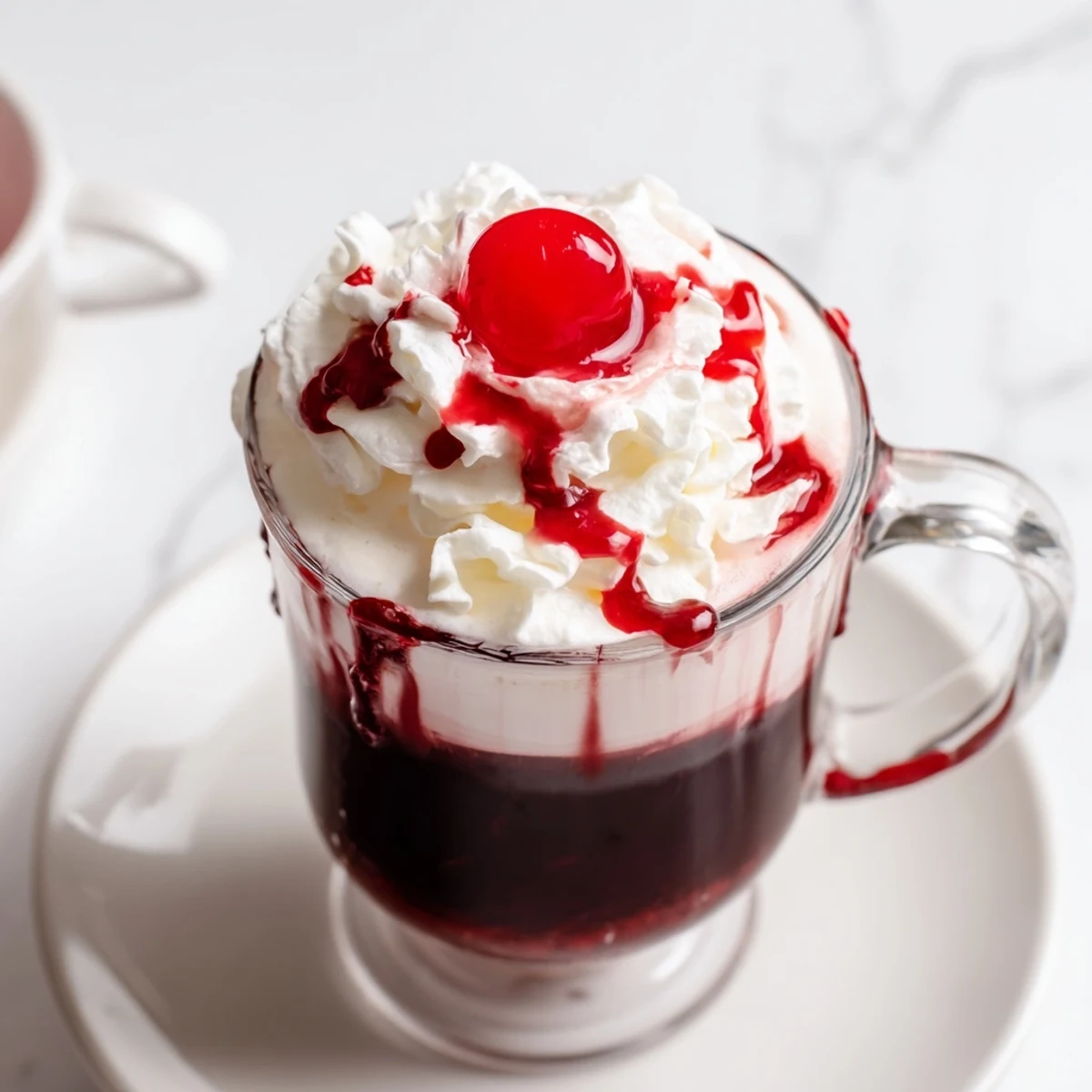 Close-up of a steaming Viral Cherry Vanilla Latte in a clear glass mug, showing rich espresso with frothy milk and a bright cherry syrup swirl.