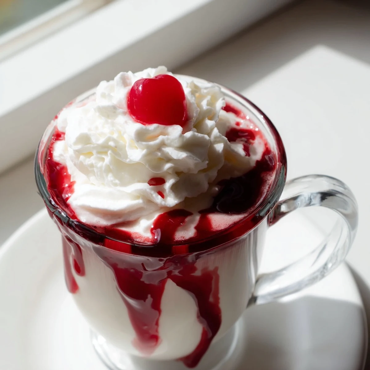 A single Viral Cherry Vanilla Latte topped with whipped cream and a maraschino cherry, set against a cozy cafe-style wooden background.