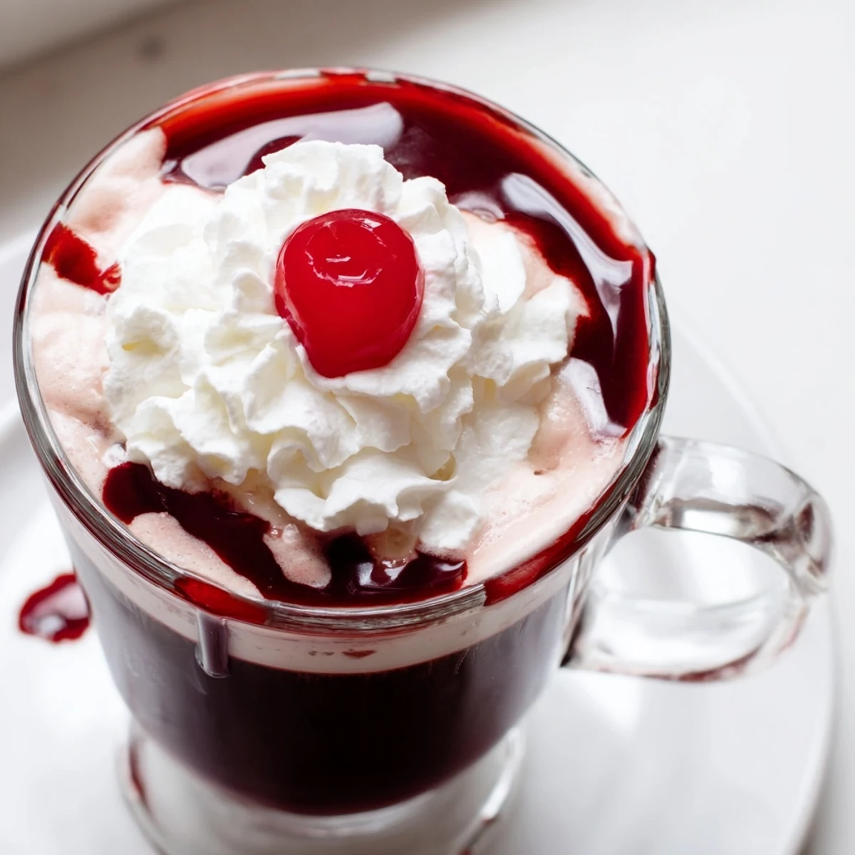 Pouring steamed milk into a mug to create a Viral Cherry Vanilla Latte, with cherry syrup already in the bottom for a layered effect.