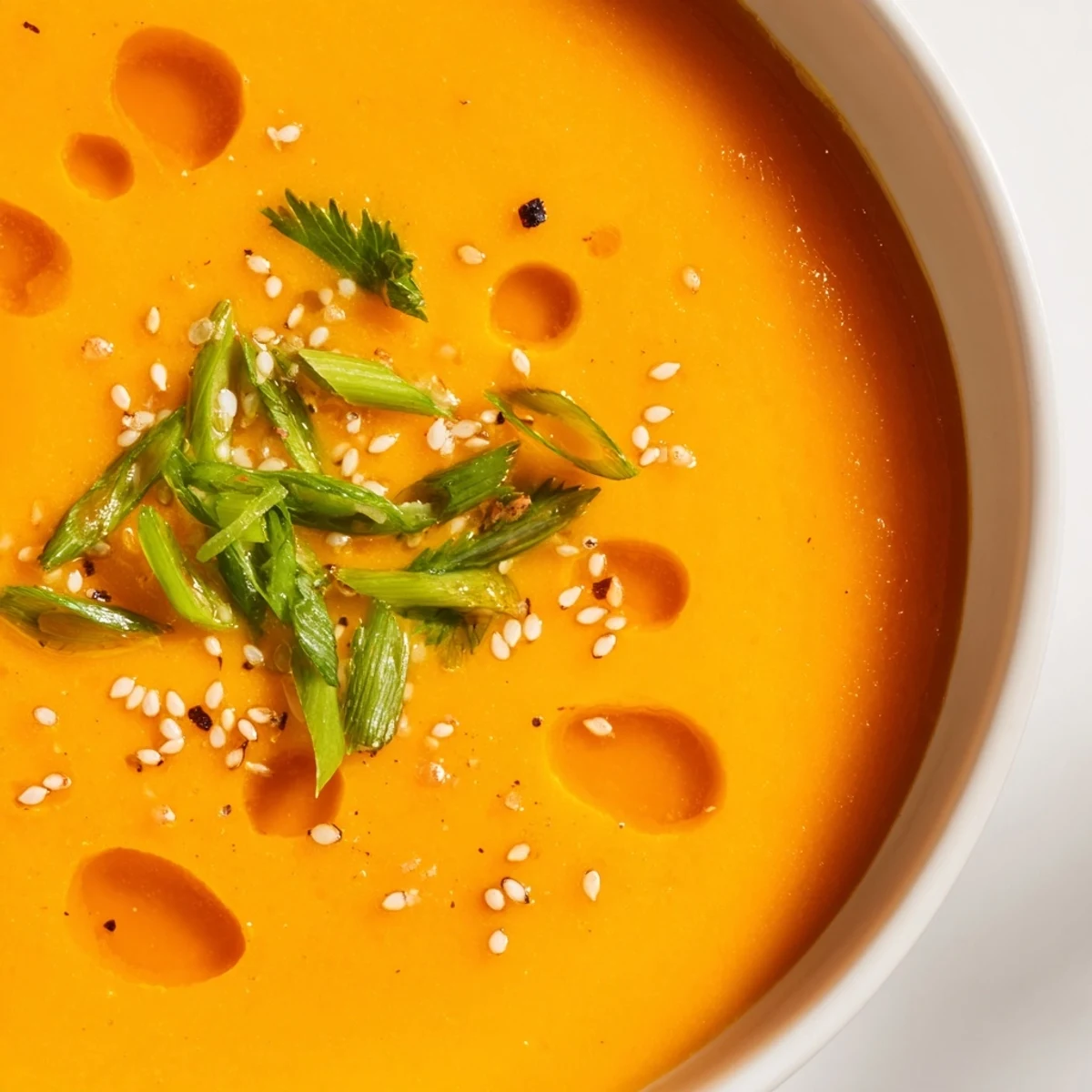 A warm bowl of Spicy Miso Carrot Soup, garnished with fresh cilantro and toasted sesame seeds. 