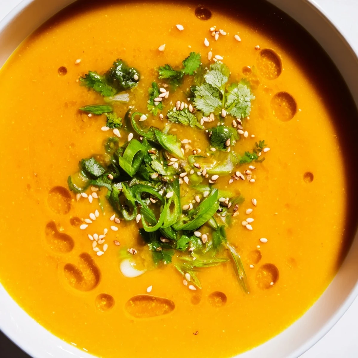 Spicy Miso Carrot Soup served hot, topped with sliced green onions and a wedge of lime. 