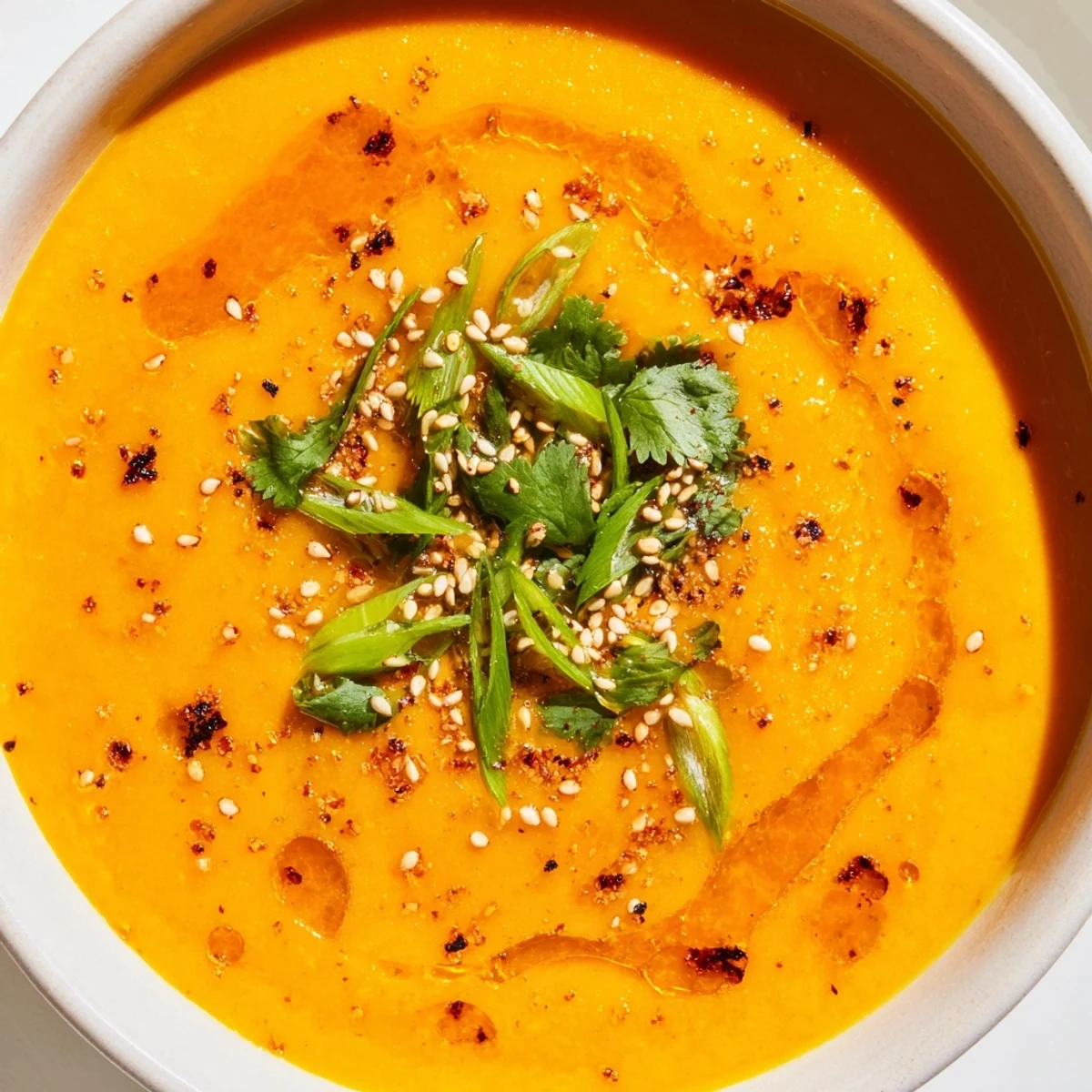 Smooth, golden Spicy Miso Carrot Soup in a rustic bowl, ready to enjoy with crusty bread.