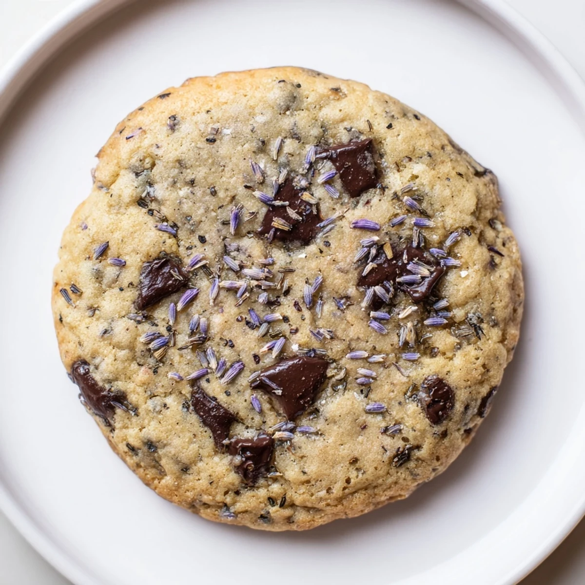 Golden-brown Lavender Chocolate Chip Cookies rest on a rustic wooden board, showcasing melty semisweet chocolate chips and a dusting of culinary lavender.