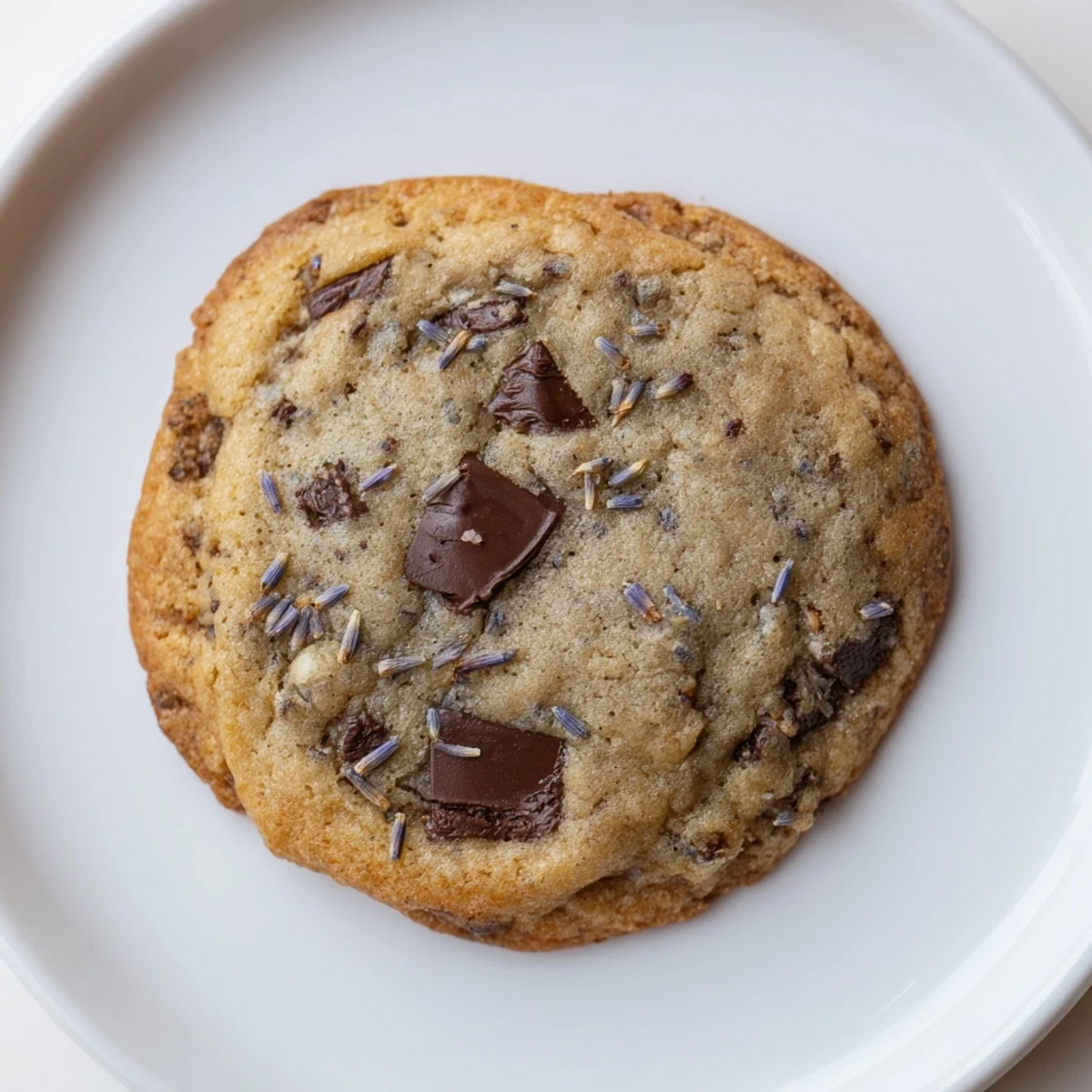 Close-up of a Lavender Chocolate Chip Cookie broken in half, revealing a soft, chewy interior filled with rich, gooey chocolate chips and floral specks.