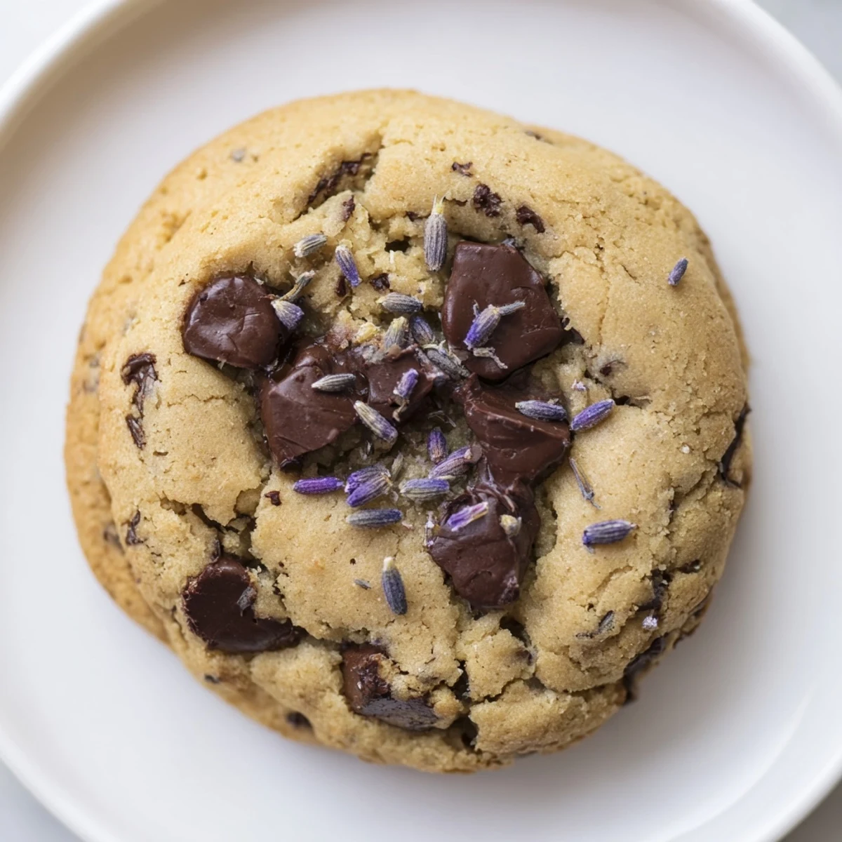 Freshly baked Lavender Chocolate Chip Cookies are arranged on a white plate with a cup of Earl Grey tea for a sophisticated dessert pairing.
