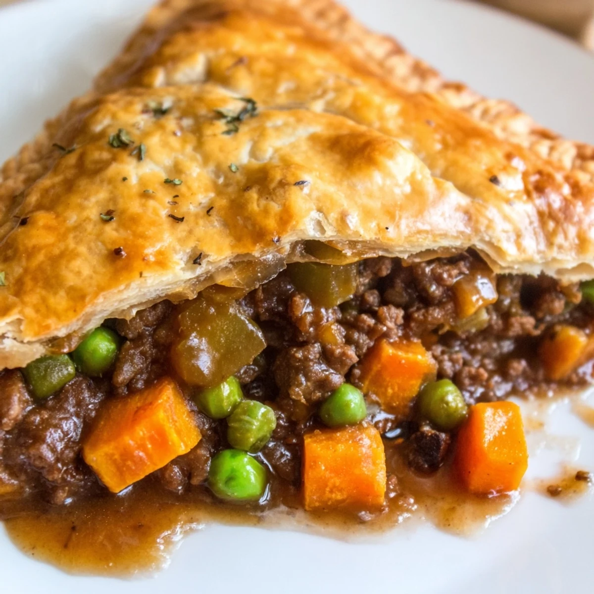 Flaky golden Savory Beef Meat Pies with rich beef and vegetable filling, served warm on a rustic plate.