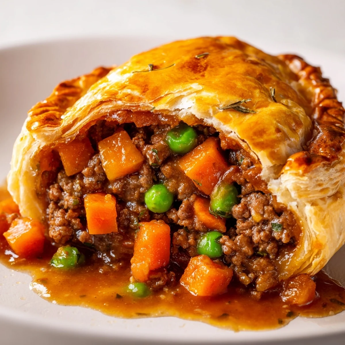 Steam rises from the crust of these Savory Beef Meat Pies, revealing a savory beef and vegetable center.