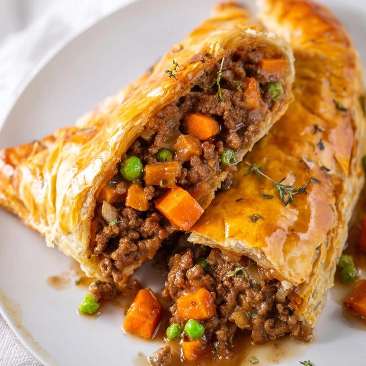 A close-up of a Savory Beef Meat Pie on a ceramic dish, perfect for lunch or cozy dinner.