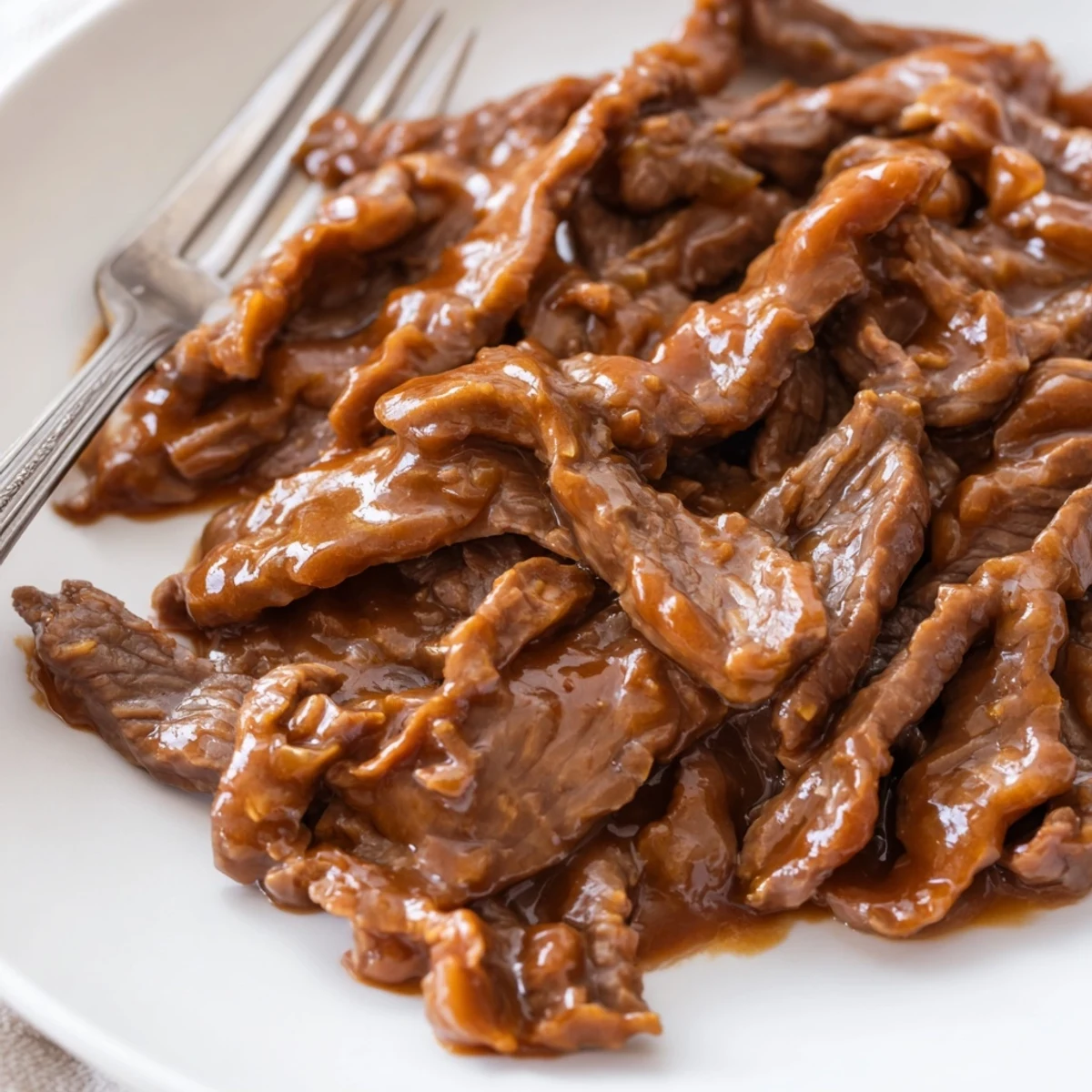 Ultimate Slow Cooker Mongolian Beef bubbles in a black slow cooker with saucy beef and green onions.  