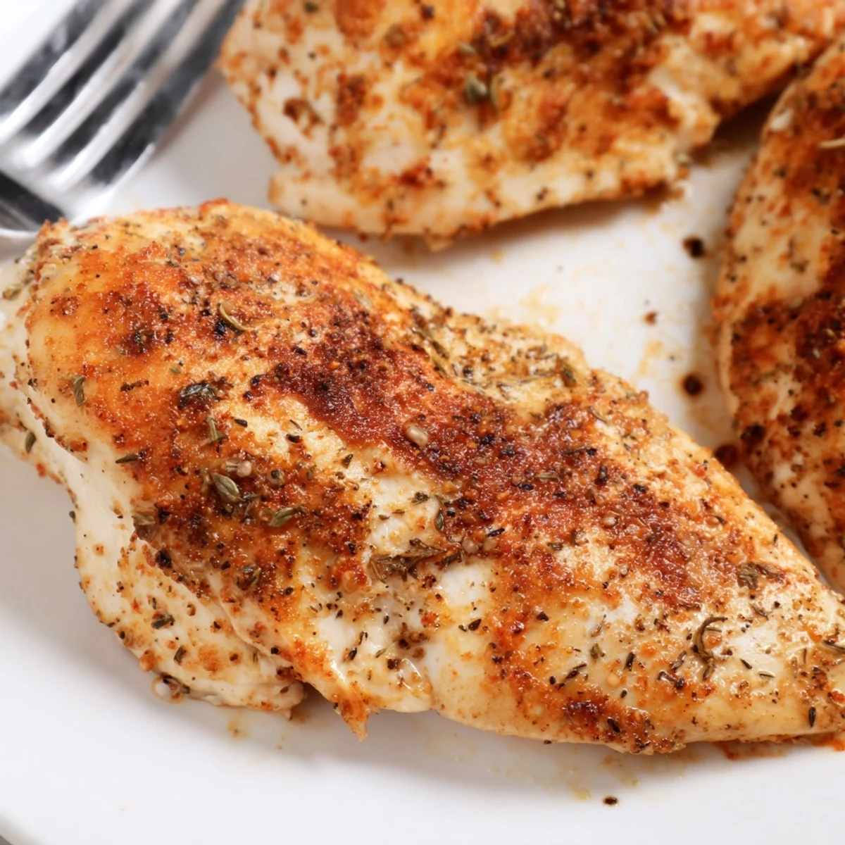 Golden-brown Oven Baked Chicken Breasts rest on a baking sheet, garnished with fresh parsley and lemon wedges.