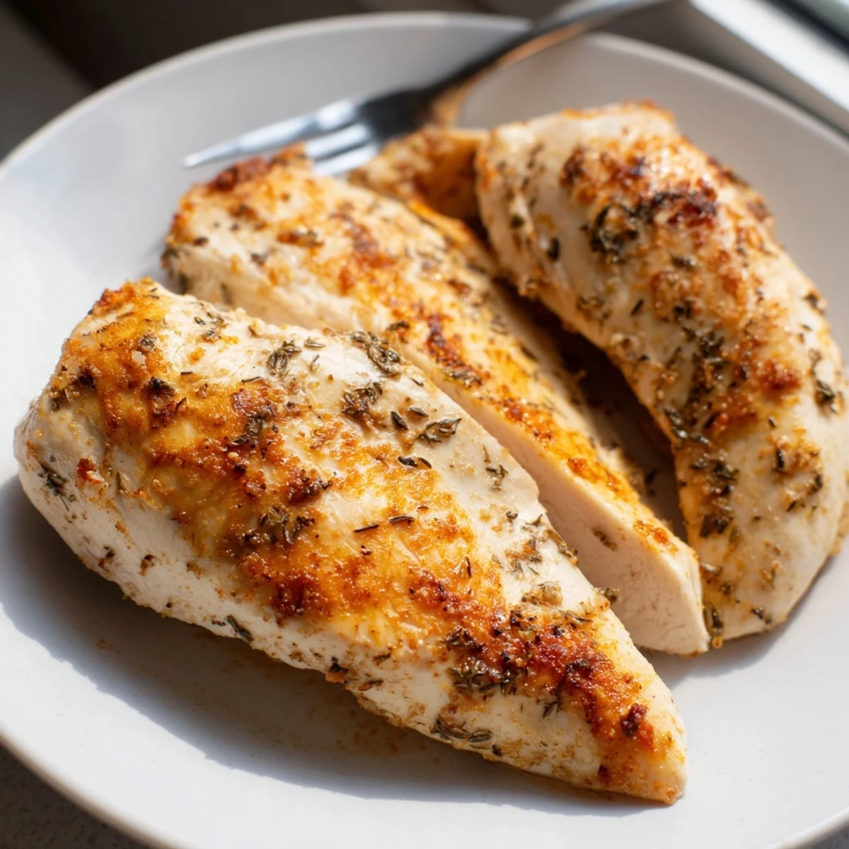 Freshly baked Oven Baked Chicken Breasts with a juicy interior, served alongside colorful roasted vegetables on a platter.