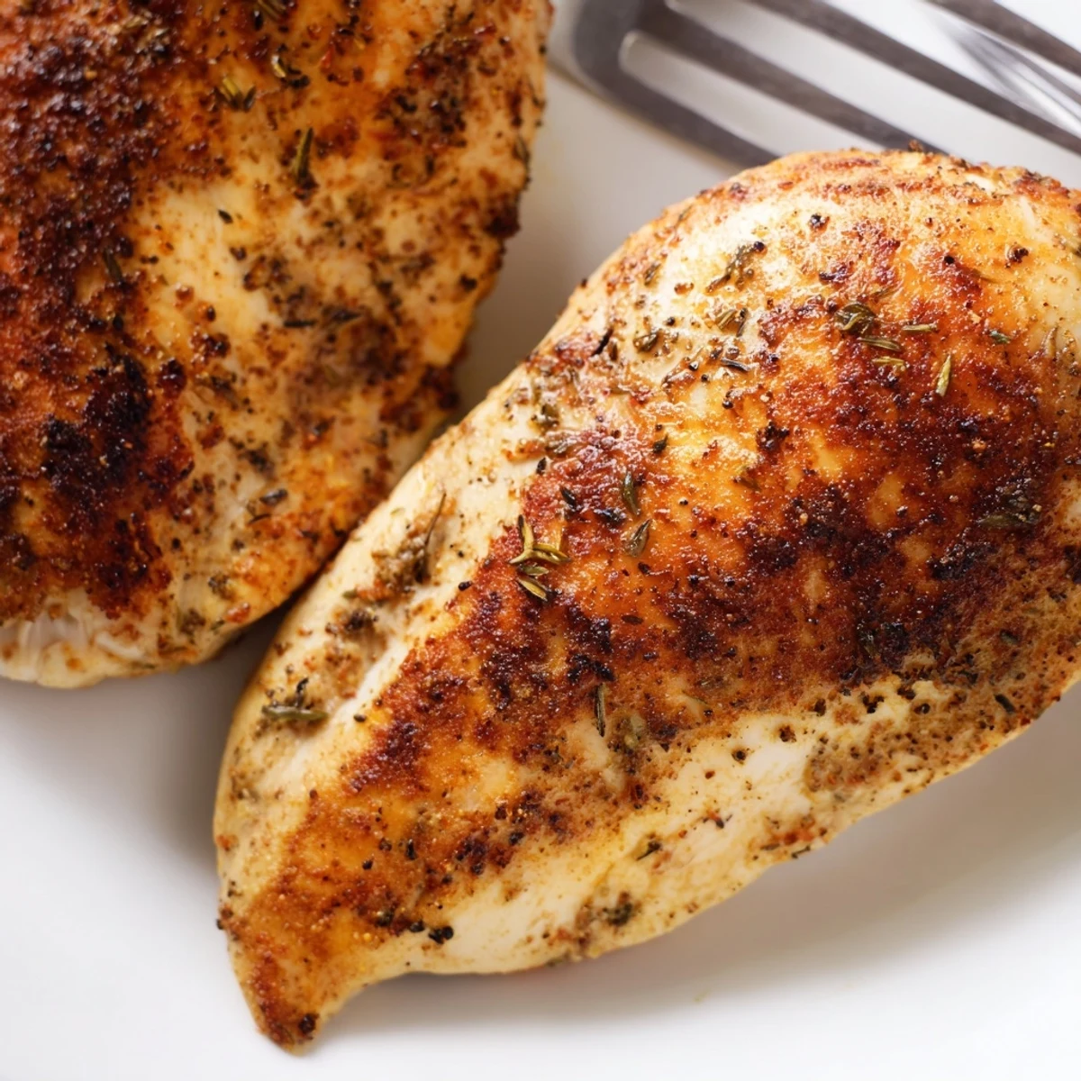 Seasoned Oven Baked Chicken Breasts sizzling from the oven, displaying a flavorful paprika and herb crust.
