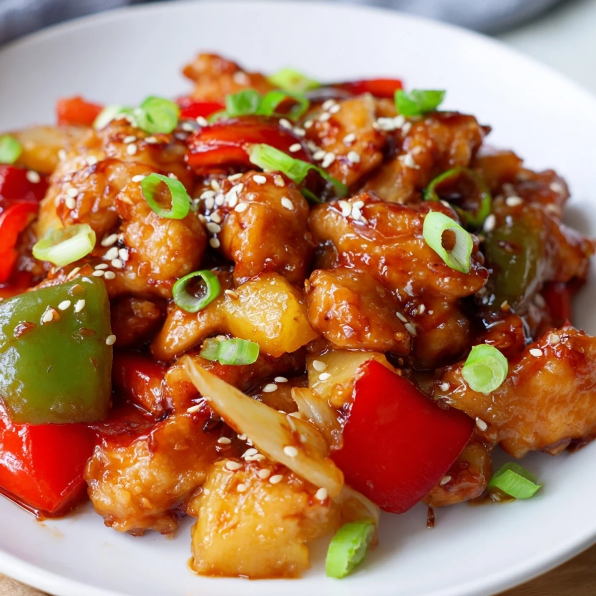 Juicy Slow Cooker Hawaiian Pineapple Chicken with tender thighs, bell peppers, and pineapple chunks in a glossy, tangy-sweet sauce.