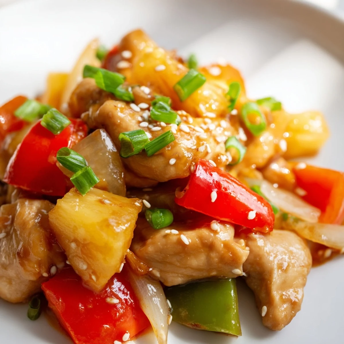 A spoon lifts tender Slow Cooker Hawaiian Pineapple Chicken from the slow cooker, revealing saucy peppers, onions, and sweet pineapple chunks.