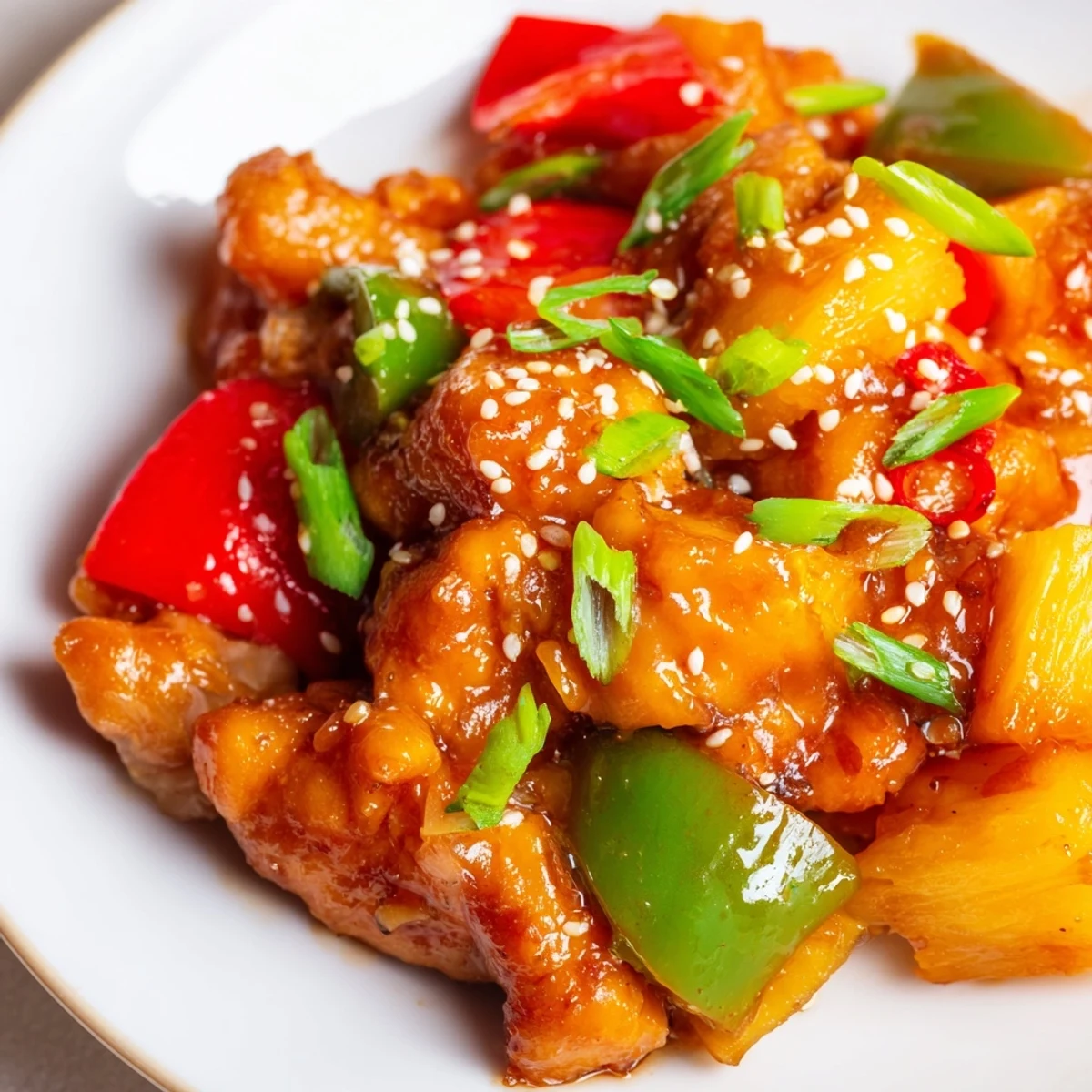 Bright Slow Cooker Hawaiian Pineapple Chicken served over fluffy white rice, garnished with green onions and sesame seeds for extra flavor.