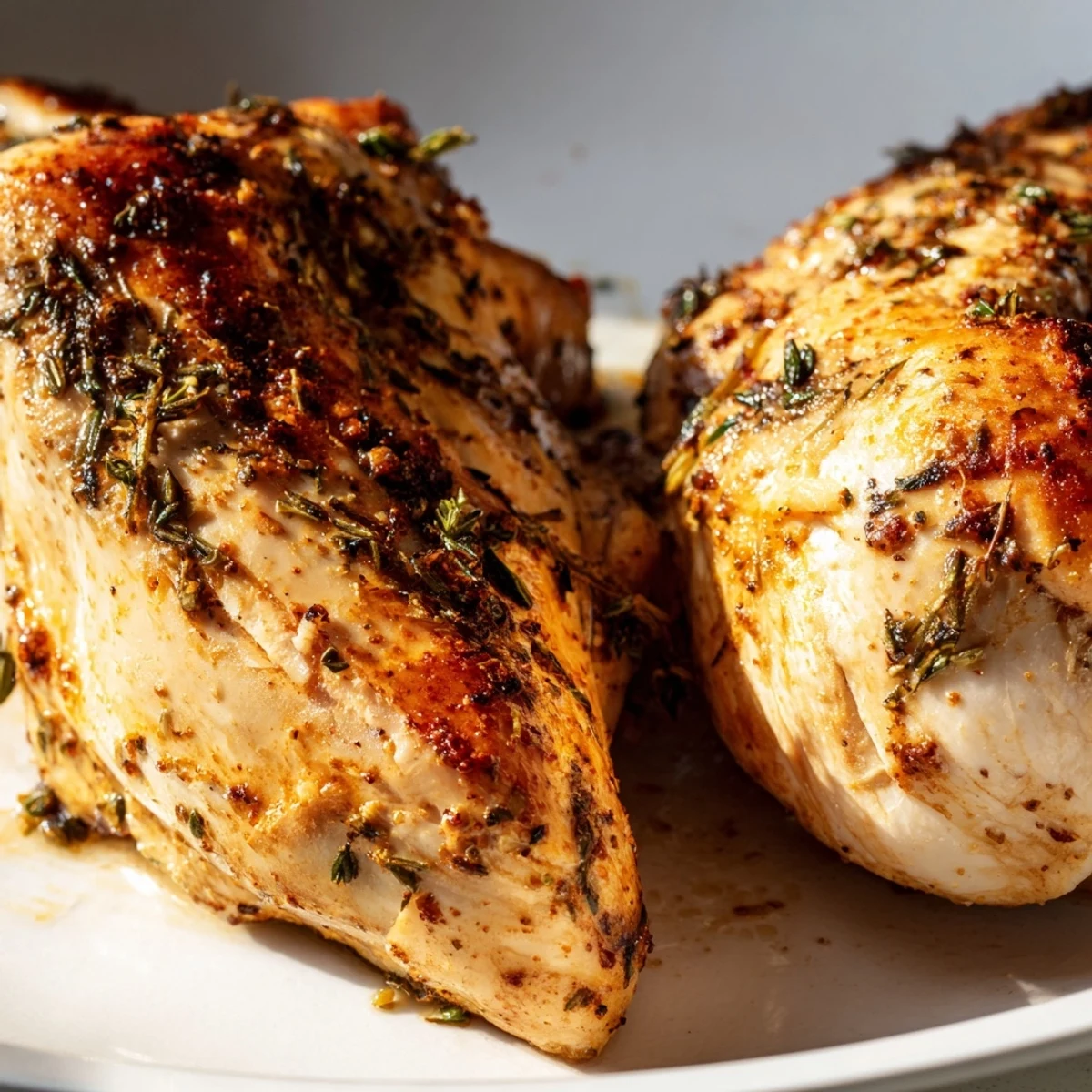 Perfectly seasoned Oven Baked Chicken Breasts sit beside colorful roasted vegetables on a rustic wooden table.