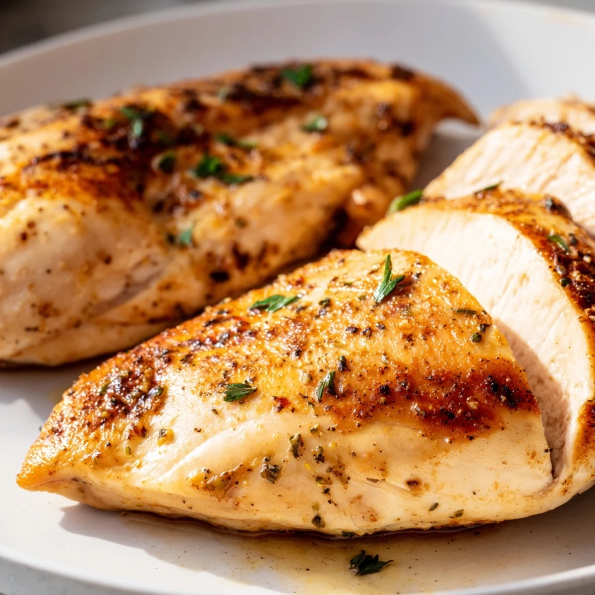 Golden-brown Oven Baked Chicken Breasts rest on a white plate, garnished with fresh parsley and lemon wedges.