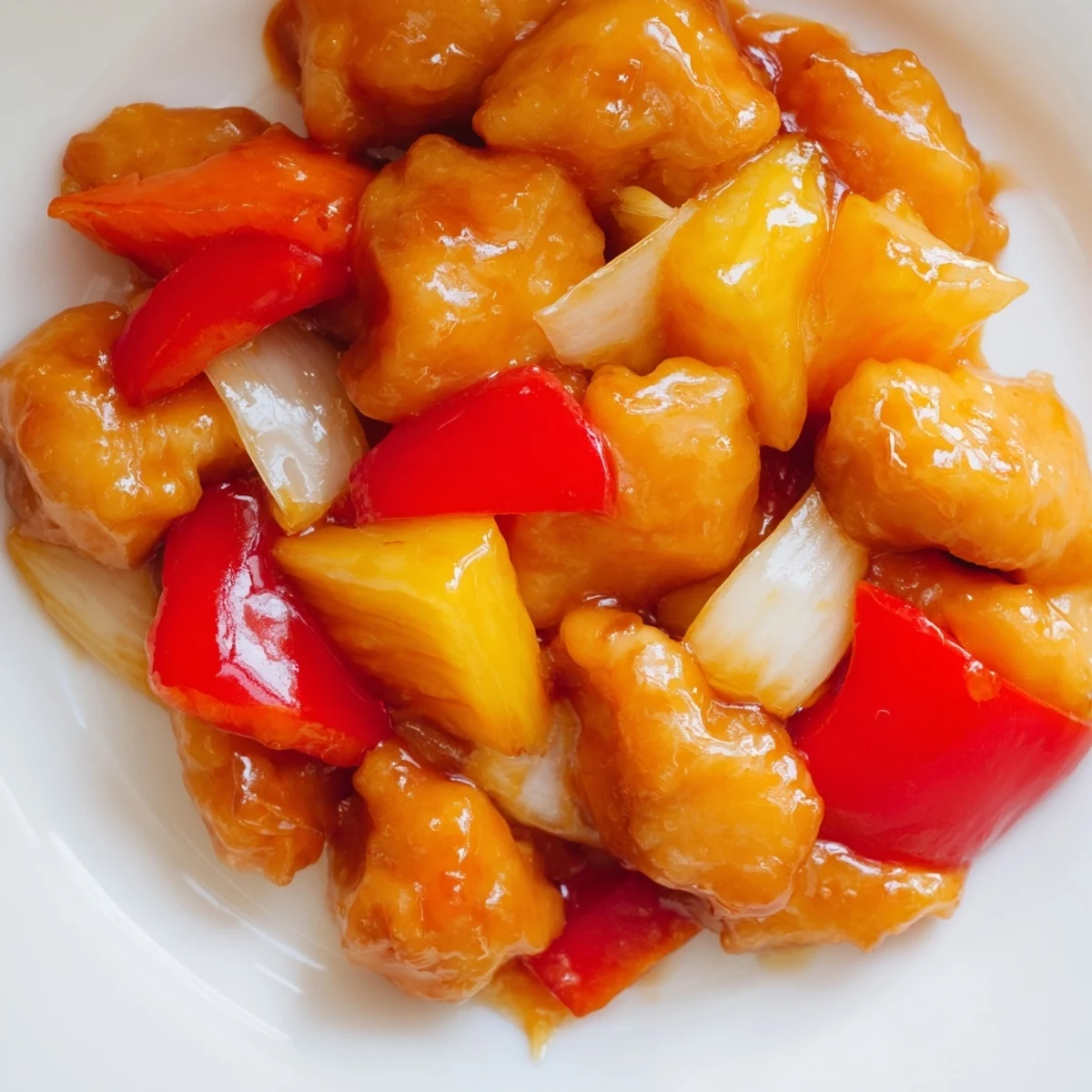 A slow-cooker close-up of Sweet Hawaiian Crockpot Chicken with tender meat in a glossy, sweet pineapple sauce.