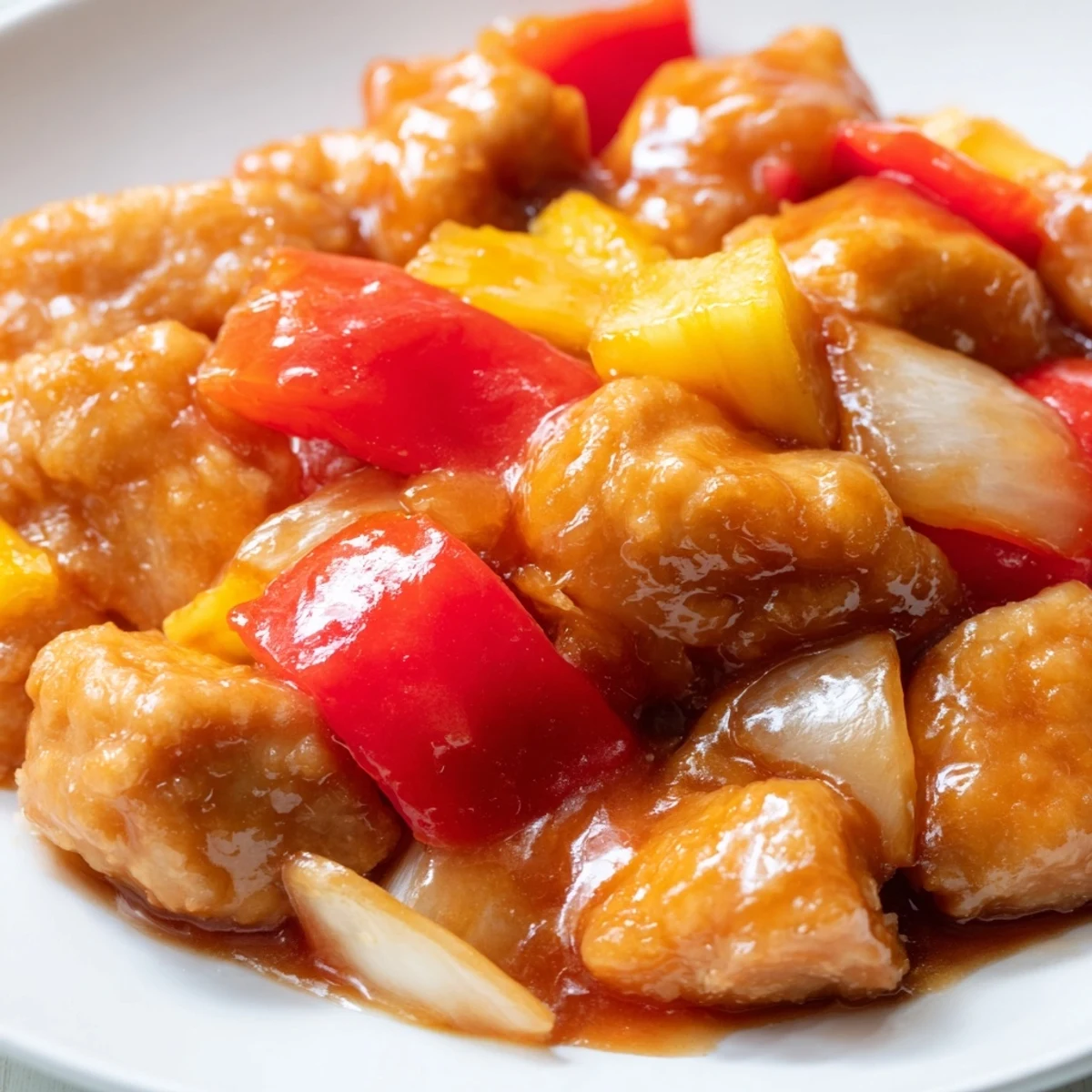 Close view of Sweet Hawaiian Crockpot Chicken, showing sautéed red bell peppers and onions in a rich, tangy sauce.