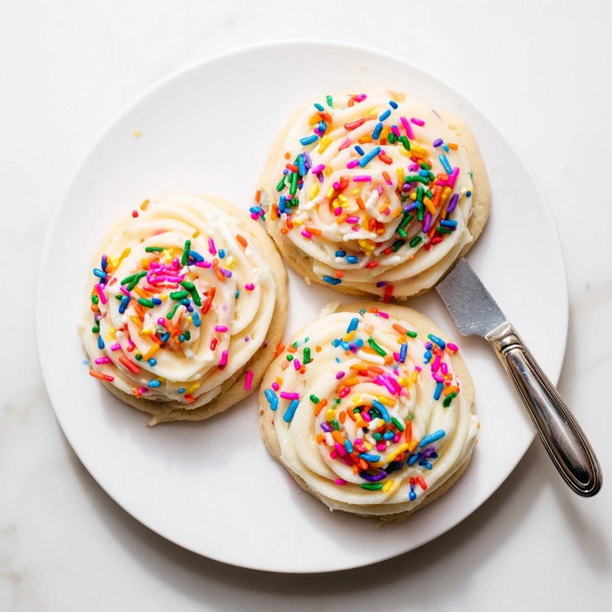 Soft Sour Cream Sugar Cookies With Cream Cheese Frosting are stacked on a white plate with a linen napkin.