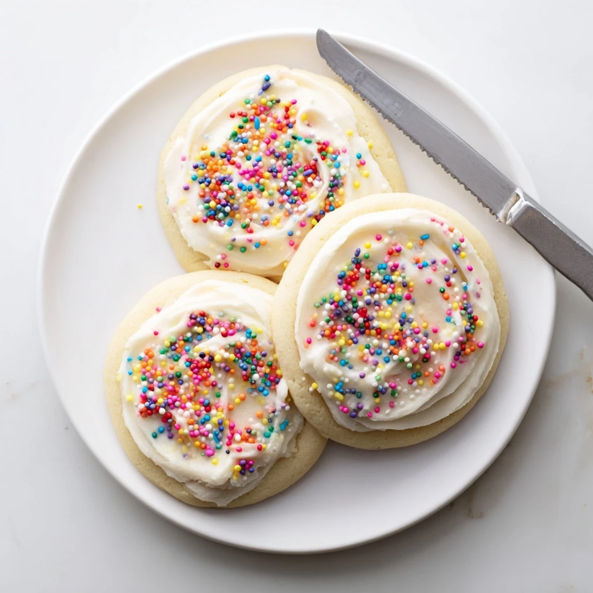 Freshly baked Soft Sour Cream Sugar Cookies With Cream Cheese Frosting on a cooling rack with milk glasses nearby.