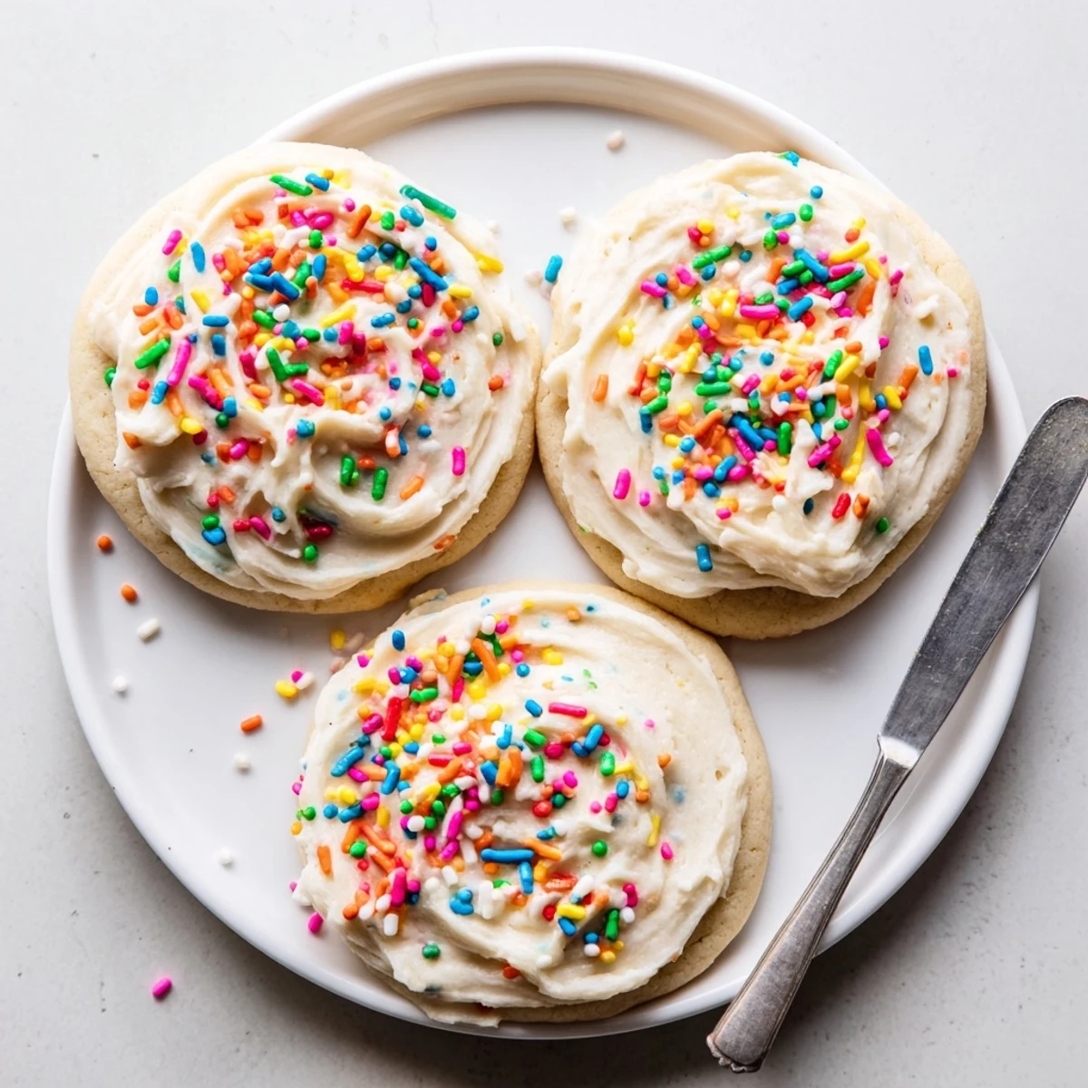 A close-up of Soft Sour Cream Sugar Cookies With Cream Cheese Frosting shows smooth pink frosting and sugary sprinkles.