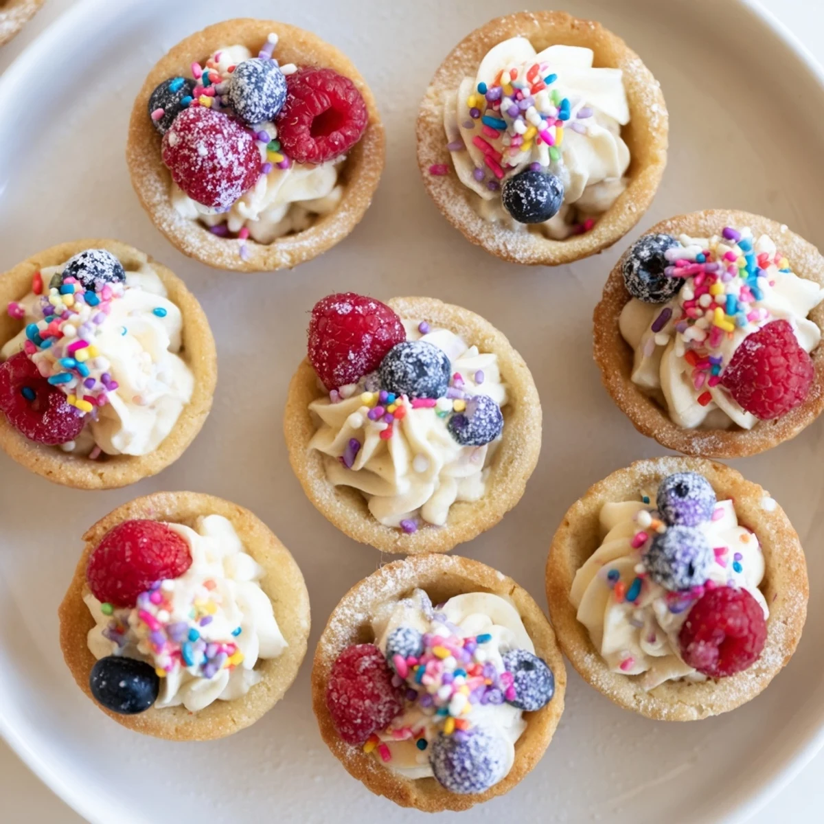 Freshly baked Sugar Cookie Cups in a mini muffin tin with golden edges, ready for filling.