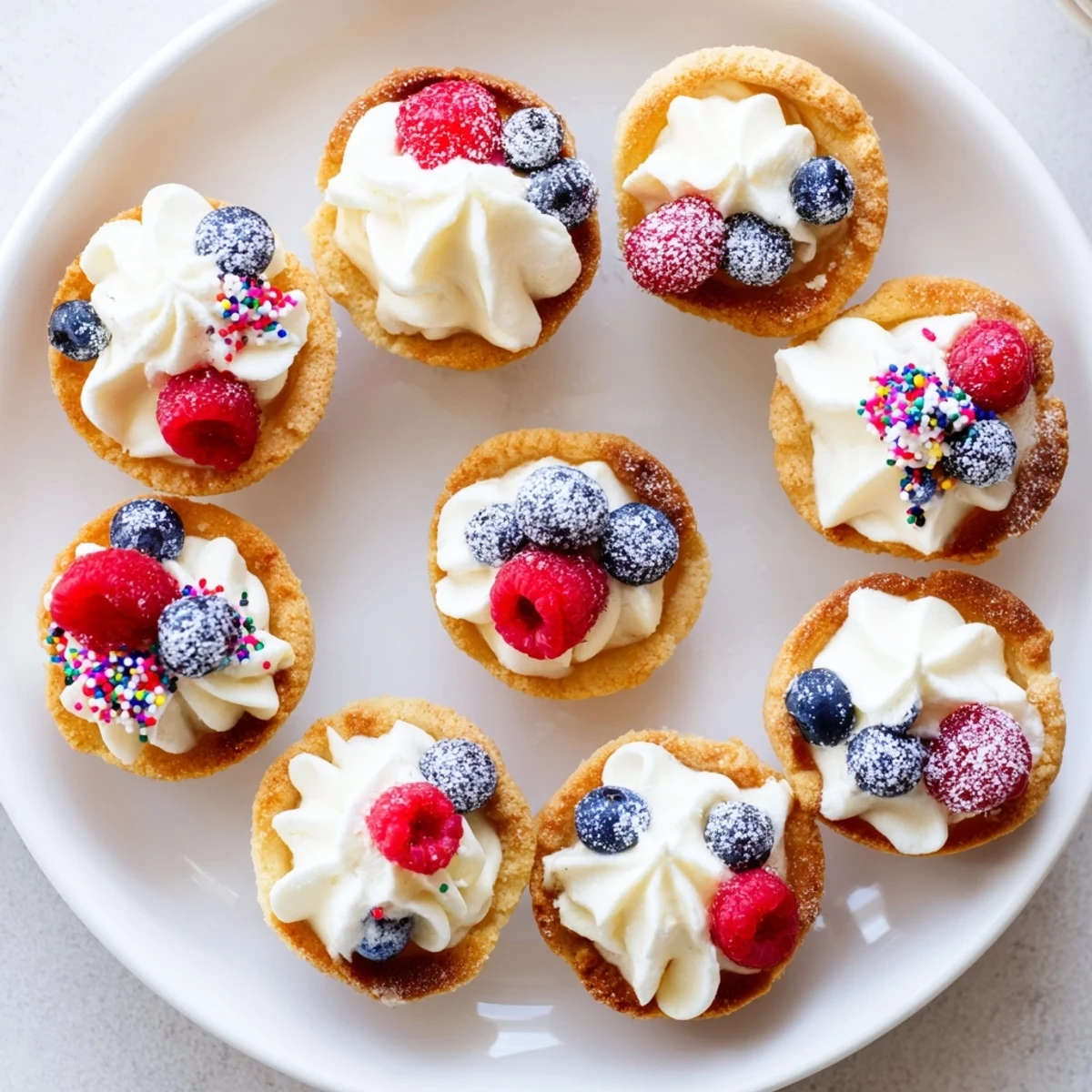 Sugar Cookie Cups filled with fluffy vanilla whipped cream and topped with fresh raspberries.