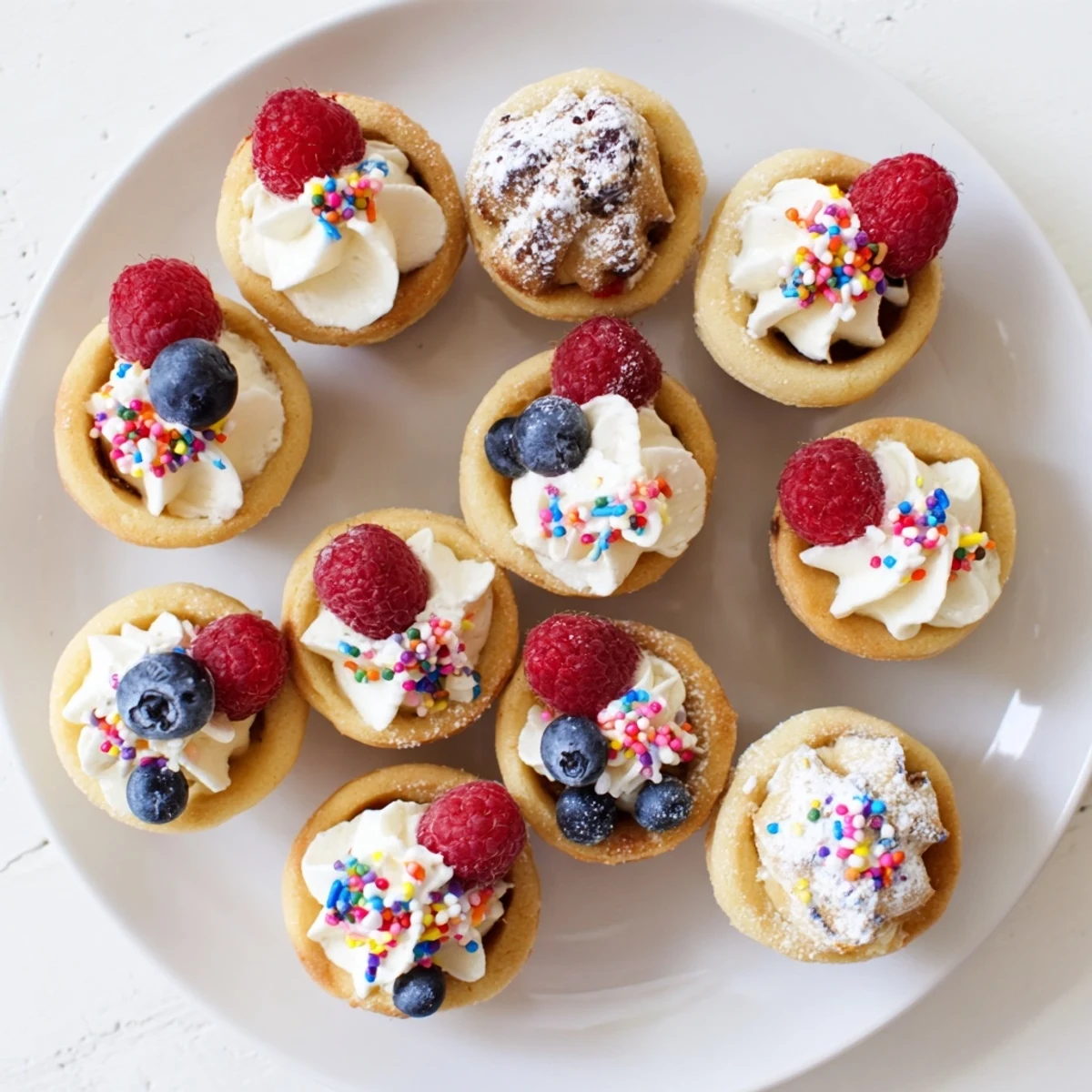 A close-up of bite-sized Sugar Cookie Cups, some with sprinkles, on a white dessert plate.