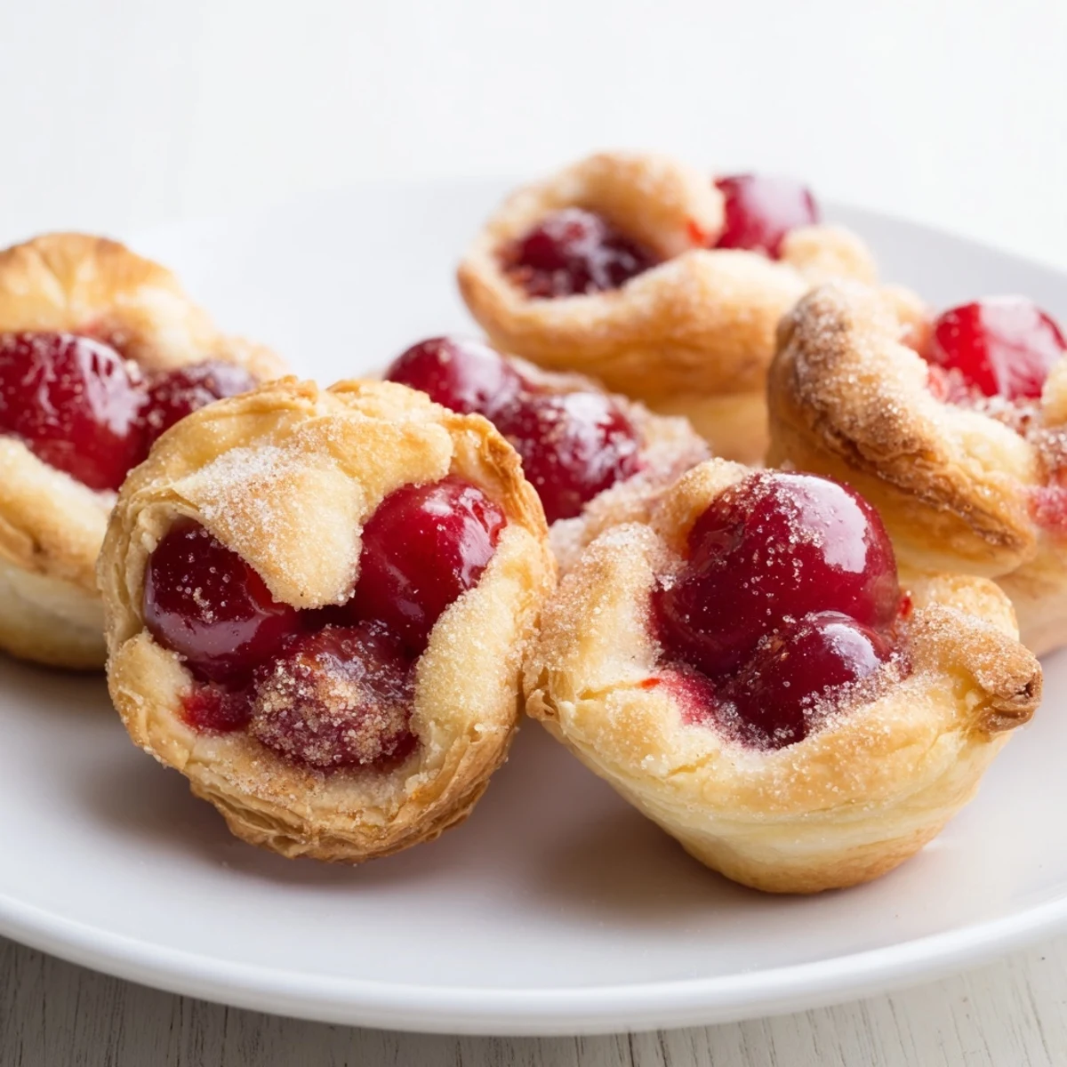 Cinnamon-sugar dusted Quick Cherry Pie Bites sit beside a dollop of whipped cream.