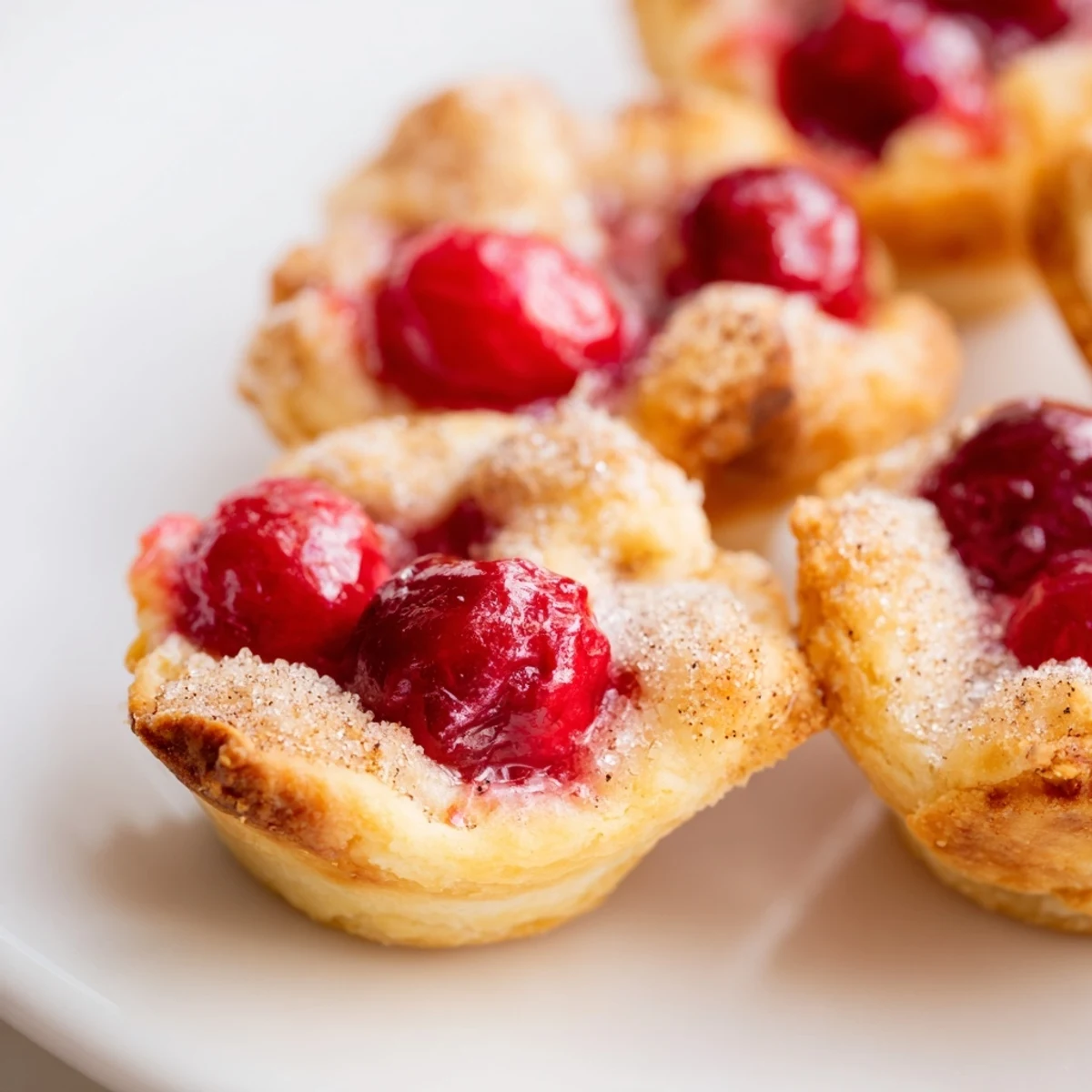 Golden, flaky Quick Cherry Pie Bites bubble with ruby-red cherry filling on a cooling rack.
