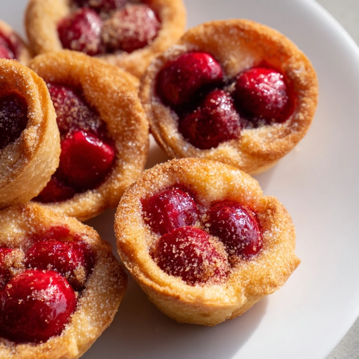 Freshly baked Quick Cherry Pie Bites in a mini muffin tin with cinnamon-sugar topping.