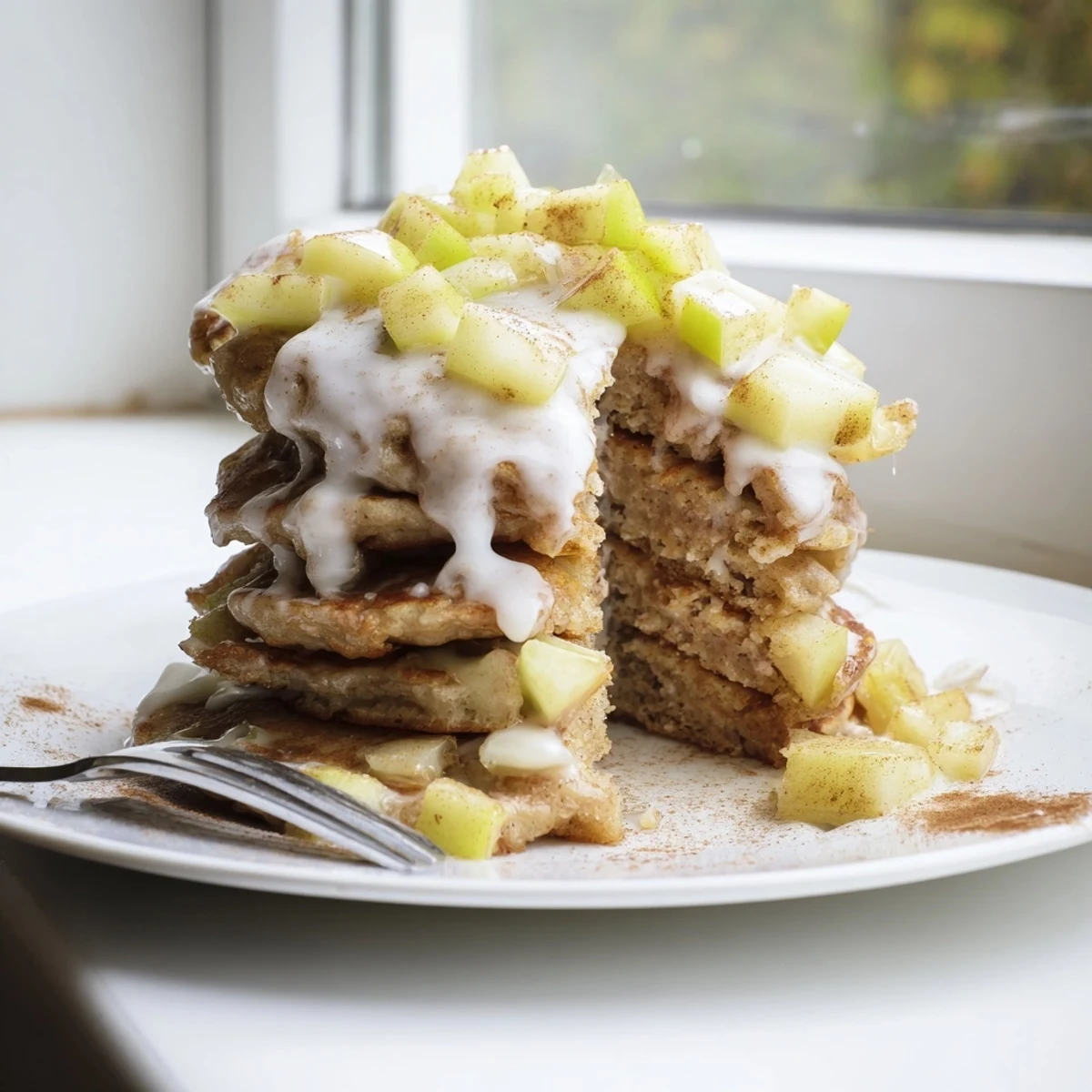 Stack of fluffy Apple Fritter Pancakes with tender apple pieces on a plate.