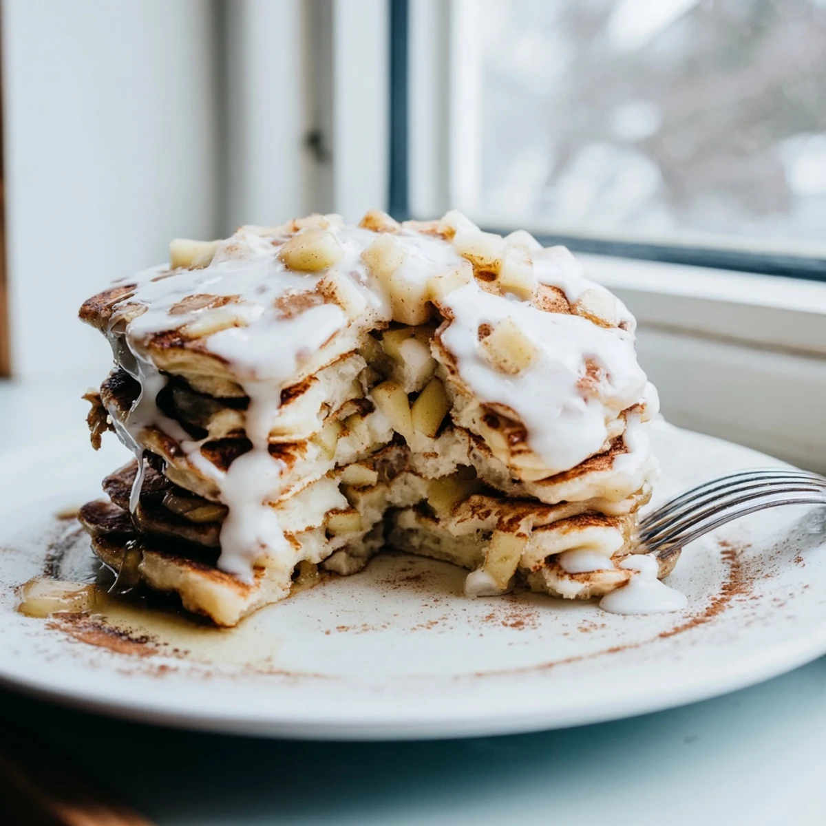 Golden Apple Fritter Pancakes topped with glossy glaze, ready for a cozy breakfast.