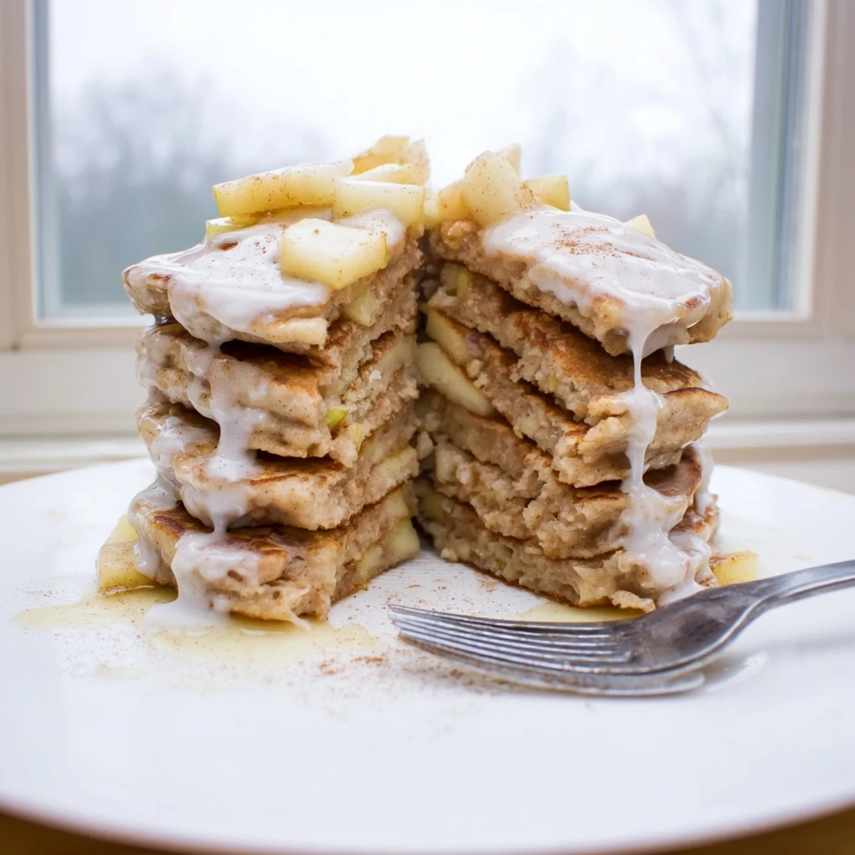 Warm Apple Fritter Pancakes drizzled with sweet glaze, served with fresh apples.