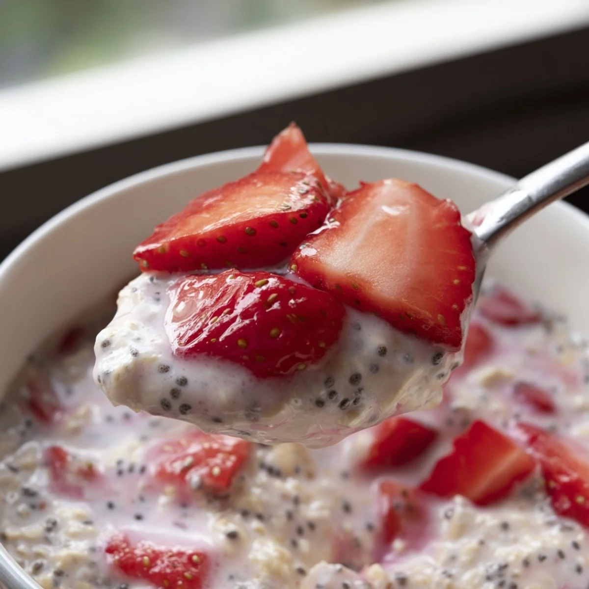 A creamy bowl of strawberry overnight oats topped with sliced almonds for breakfast.
