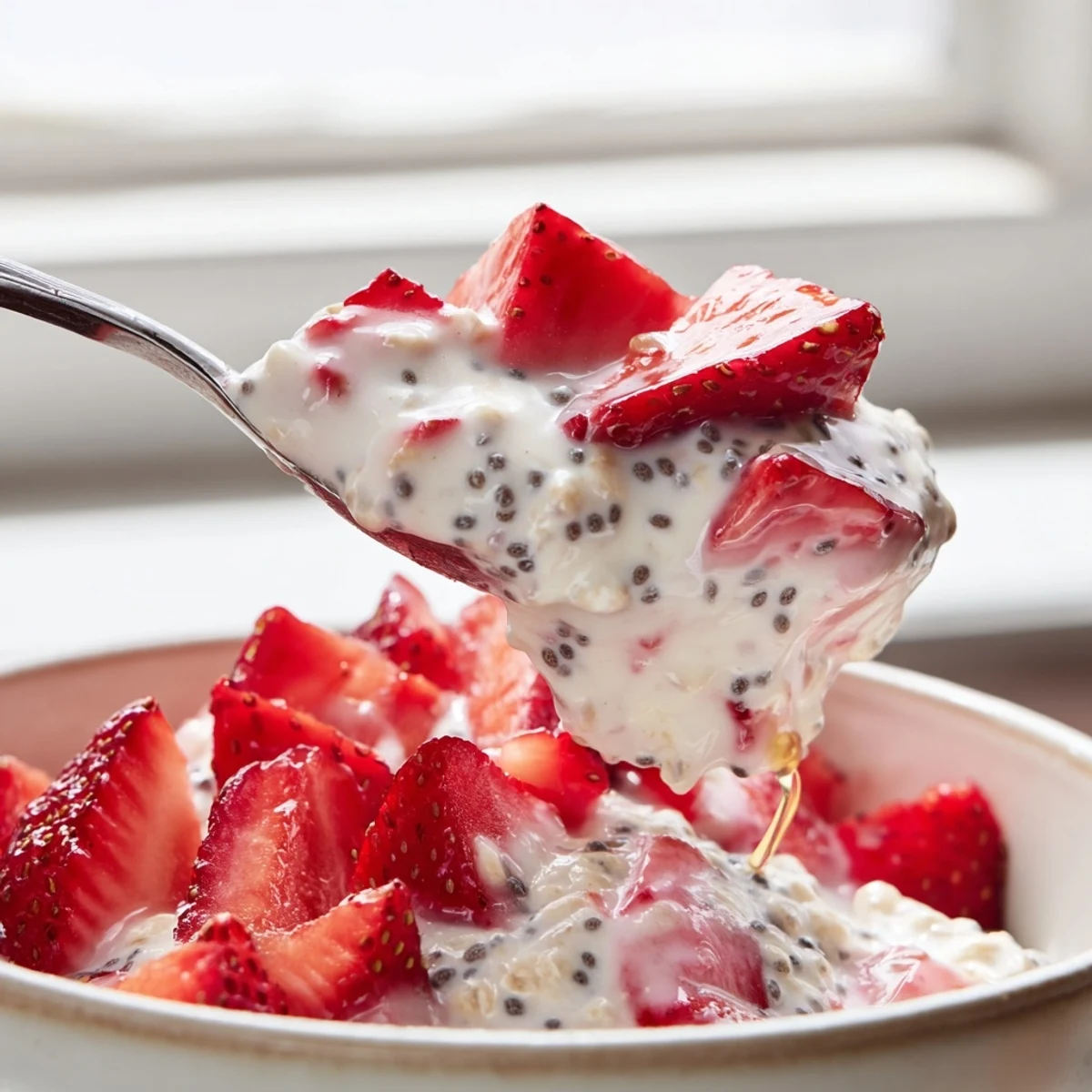 Overnight oats recipe with fresh strawberries, chia seeds, and honey in a glass jar.