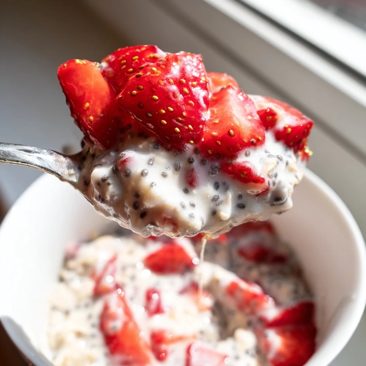 Delicious strawberry overnight oats with diced strawberries, yogurt, and oats mixture ready to eat.