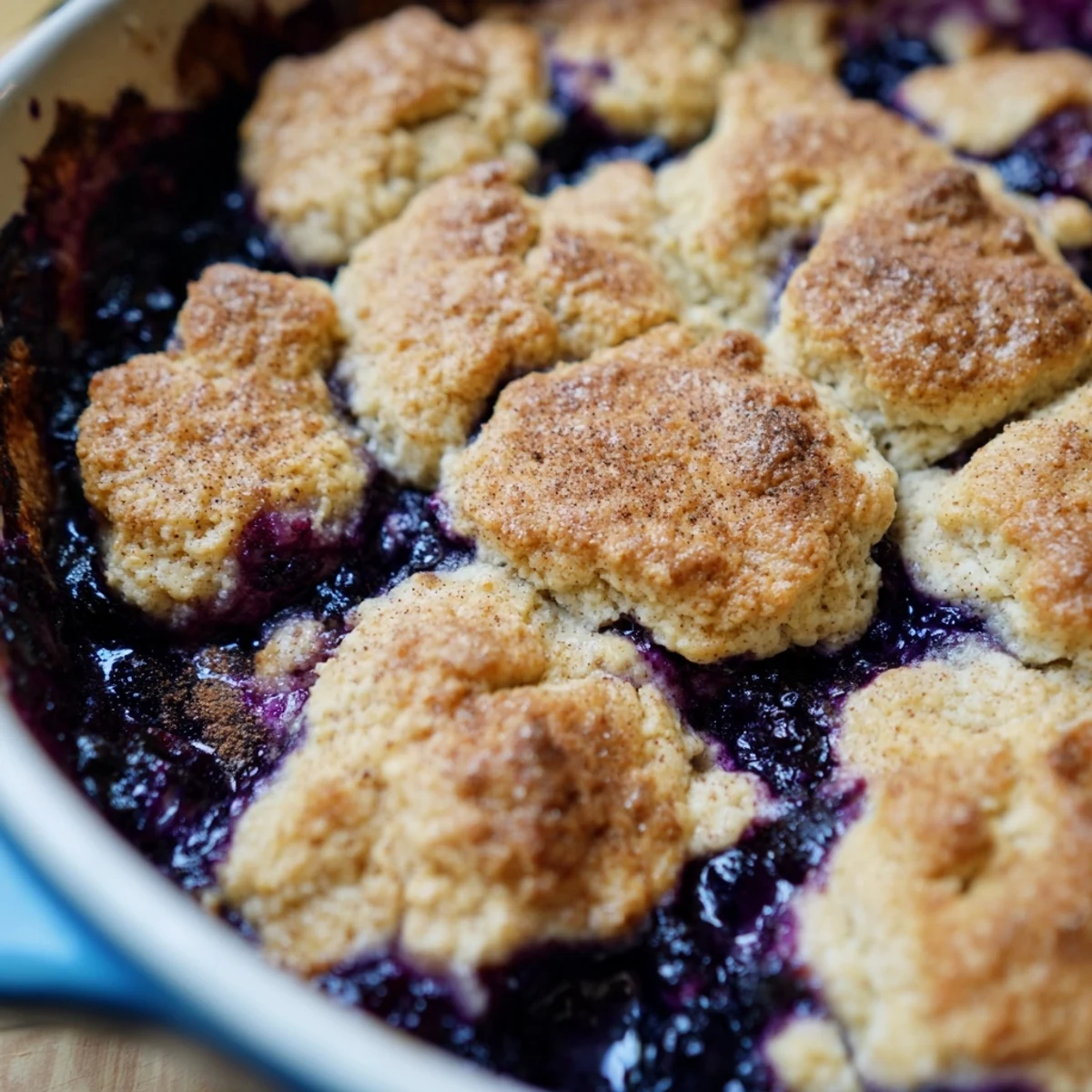 A close-up of warm, moist Blueberry Cobbler With Frozen Berries bubbling in a white dish, served with a scoop of vanilla ice cream.