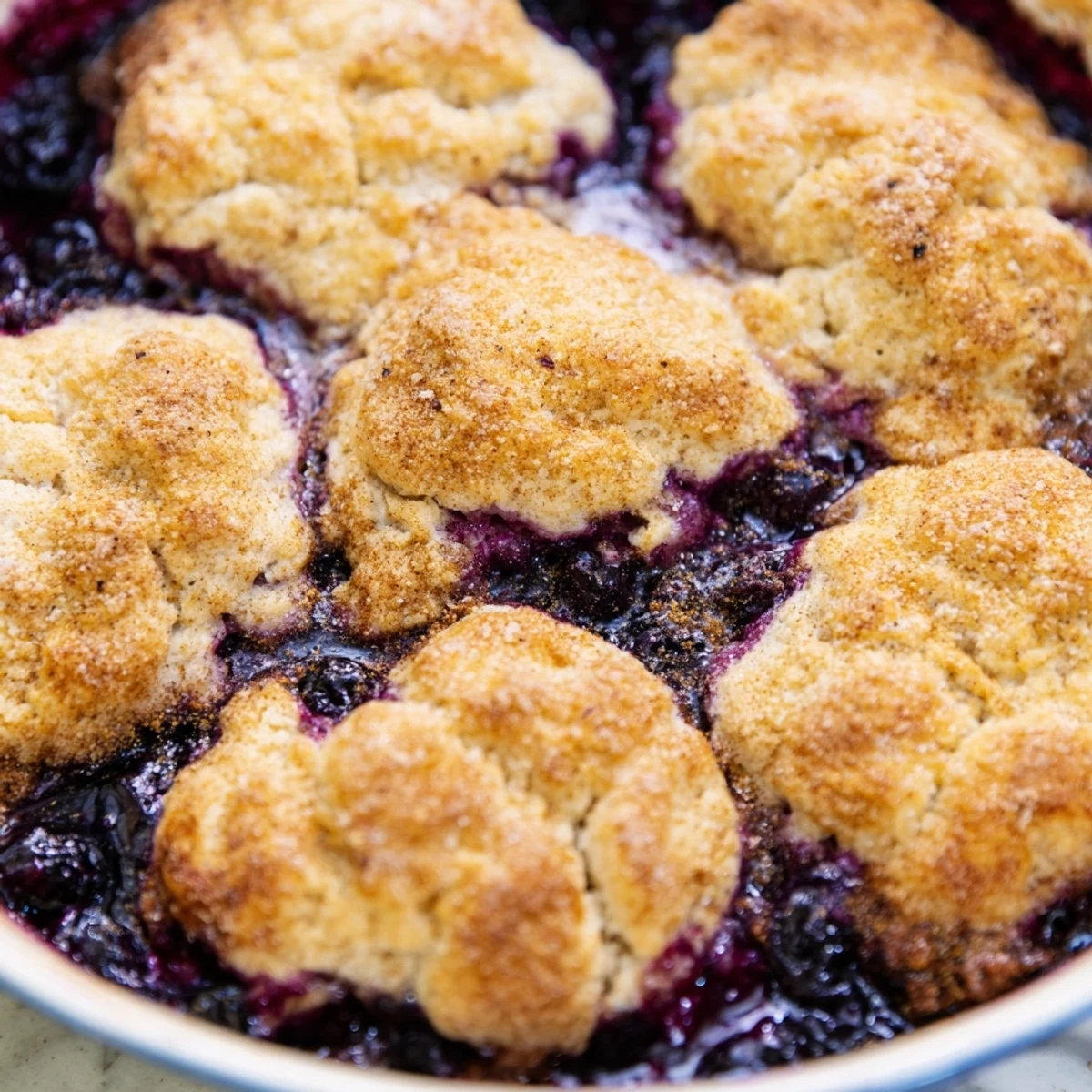 Easy homemade dessert of Blueberry Cobbler With Frozen Berries presented on a rustic wooden table, perfect for an American family gathering.