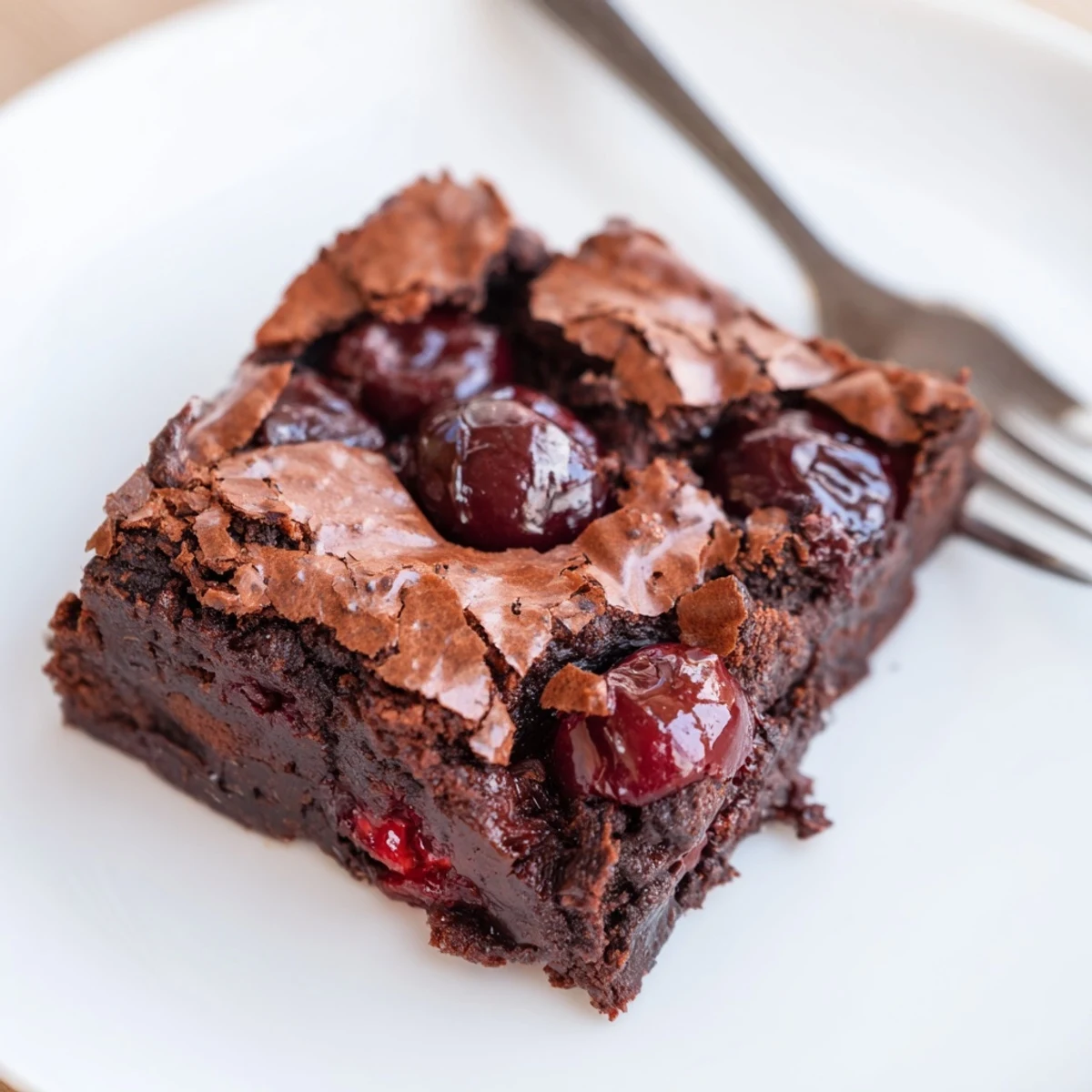 Close-up of Roasted Cherry Brownies with fudgy texture and glossy chocolate, topped with caramelized cherries and a dusting of powdered sugar on a rustic wooden board.