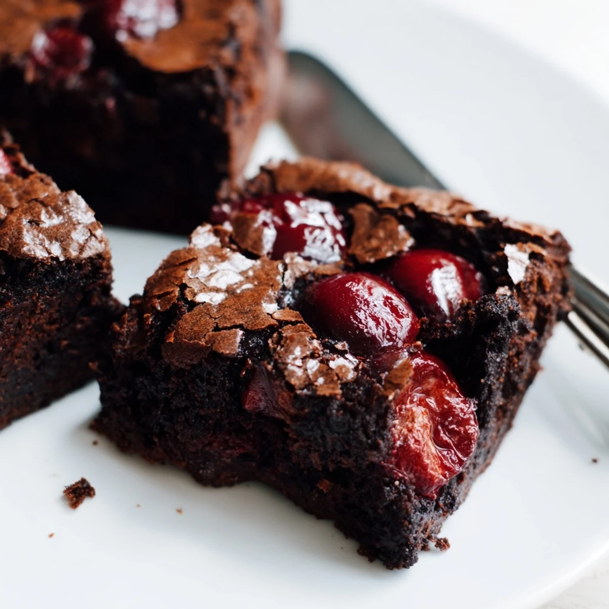 A serving of warm Roasted Cherry Brownies on a white plate with a fork, showcasing juicy roasted cherries nestled in rich, dark chocolate brownie squares.