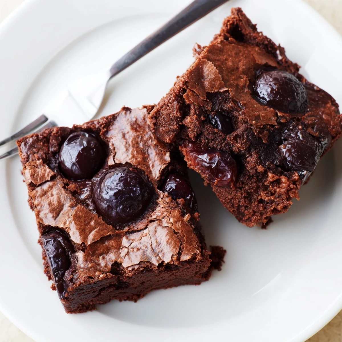 Freshly baked Roasted Cherry Brownies arranged on a marble counter with whole cherries and chocolate chunks, perfect for a decadent summer dessert.