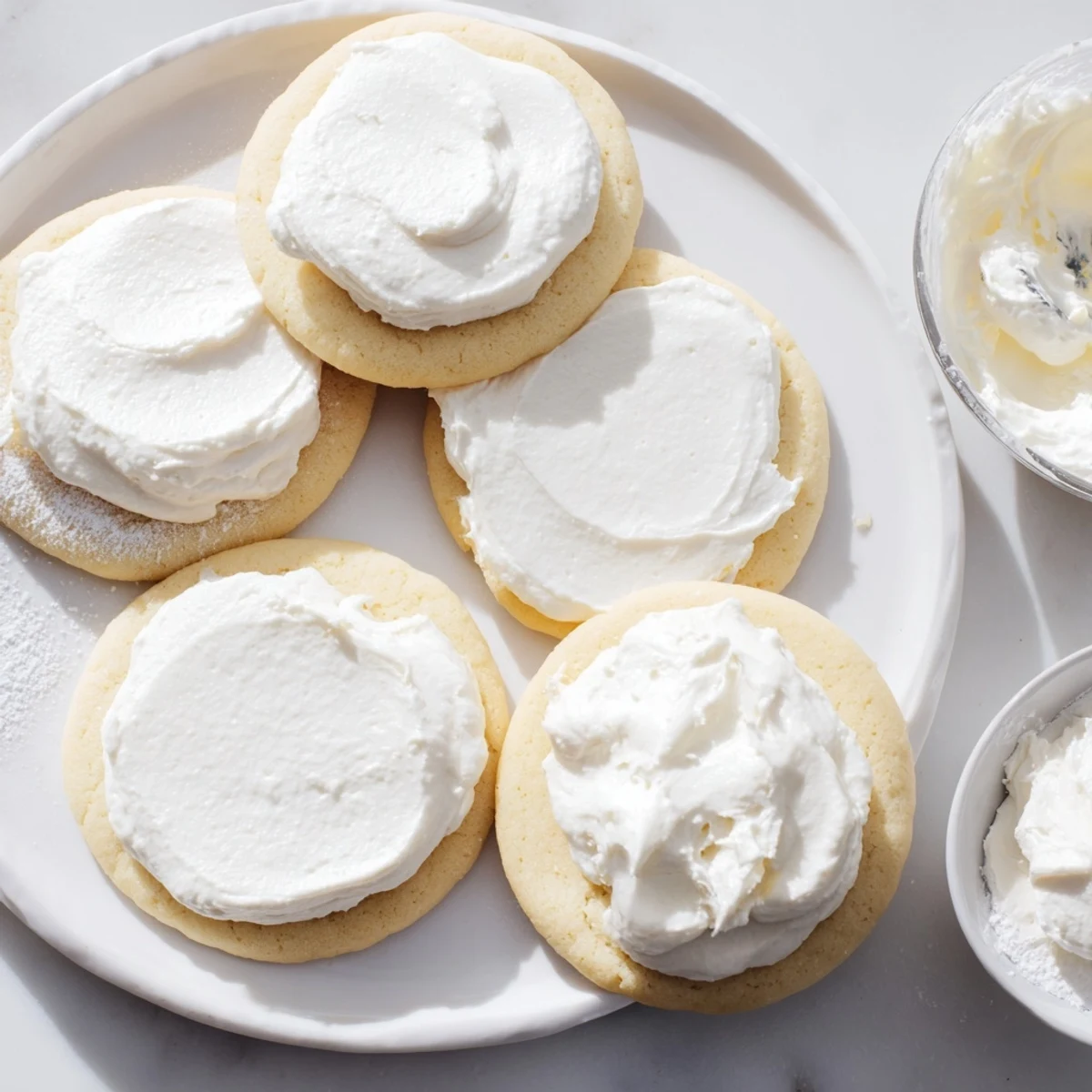 A close-up of freshly frosted Easy Sugar Cookie Frosting, with creamy vanilla swirls and a glossy finish on each cookie.