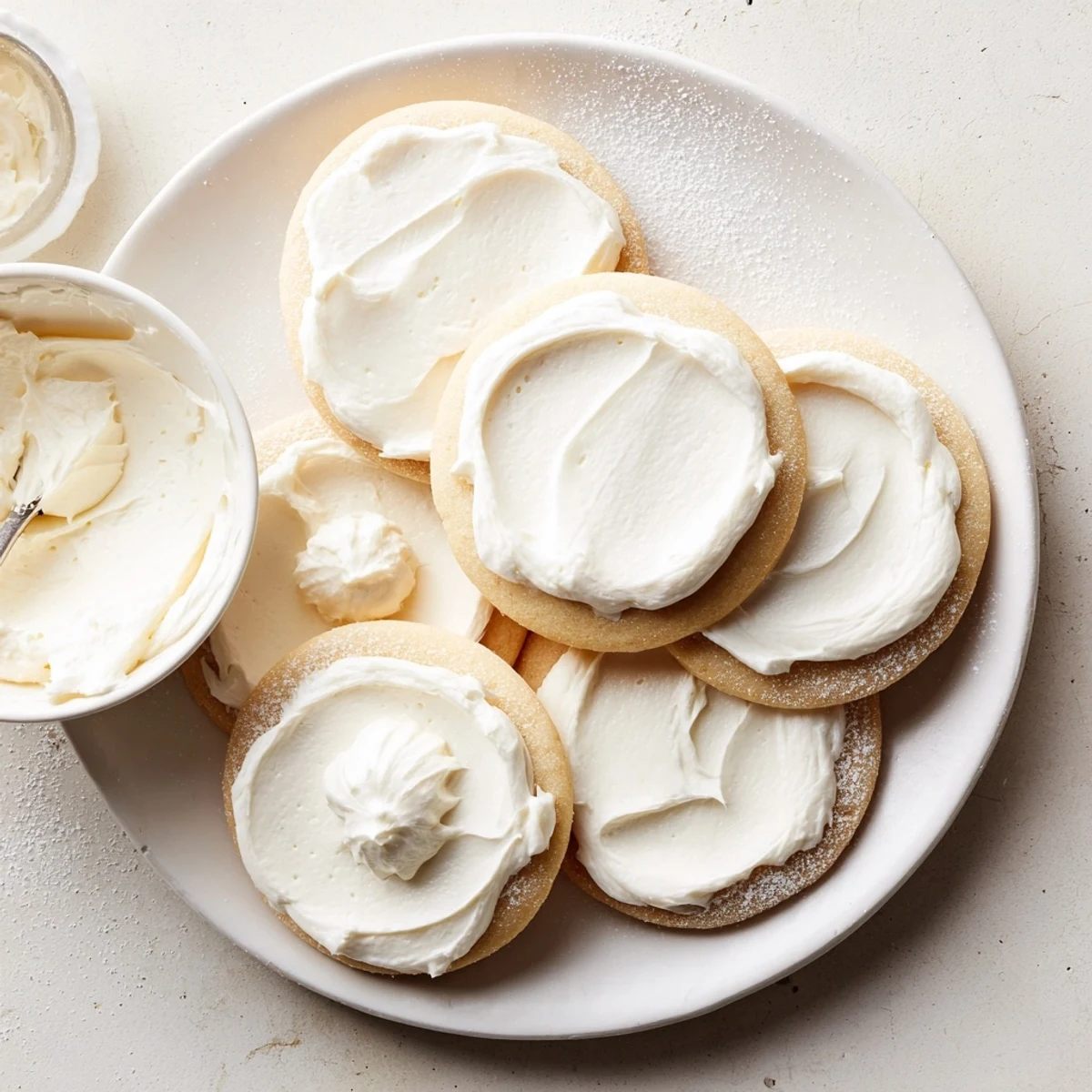 Easy Sugar Cookie Frosting applied with a piping bag to decorated sugar cookies, set on a cooling rack with sprinkles nearby.