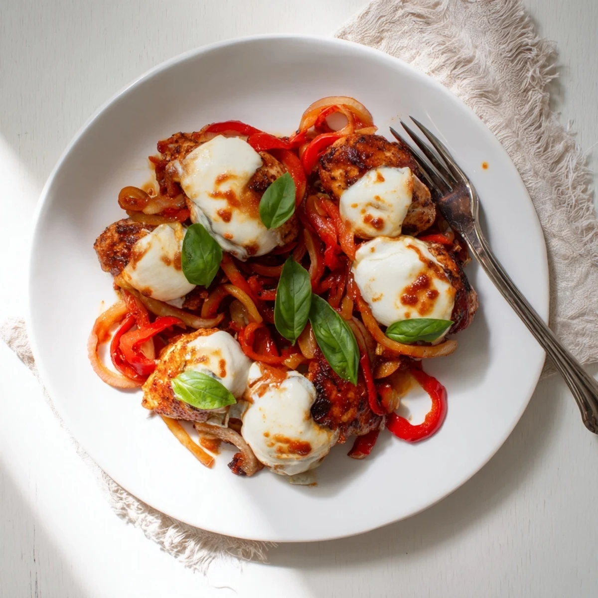Fragrant Italian Style Chicken breasts simmered in tomato and herb sauce, topped with melted mozzarella and fresh basil.