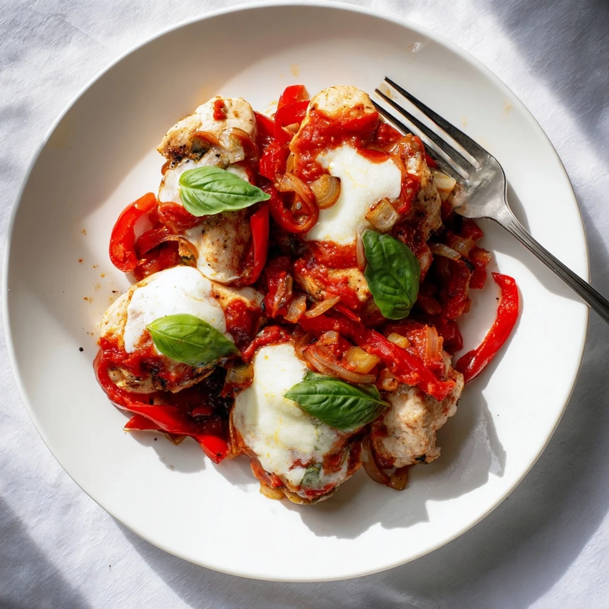 Golden Italian Style Chicken breasts covered in colorful tomato sauce and melted mozzarella, garnished with fresh basil.