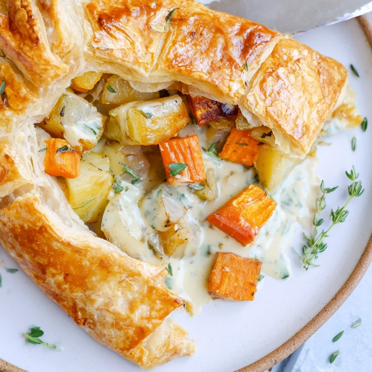 Golden, flaky puff pastry covers a hearty Leftover Roast Vegetable Pie with creamy filling bubbling through slits.