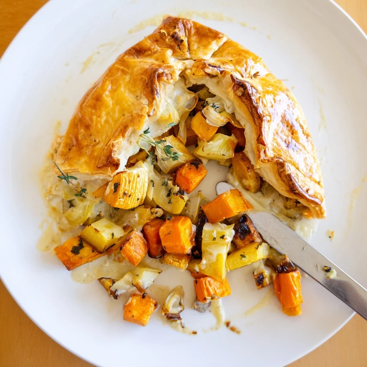 Serving suggestion of Leftover Roast Vegetable Pie with fresh salad on a cozy dinner table.